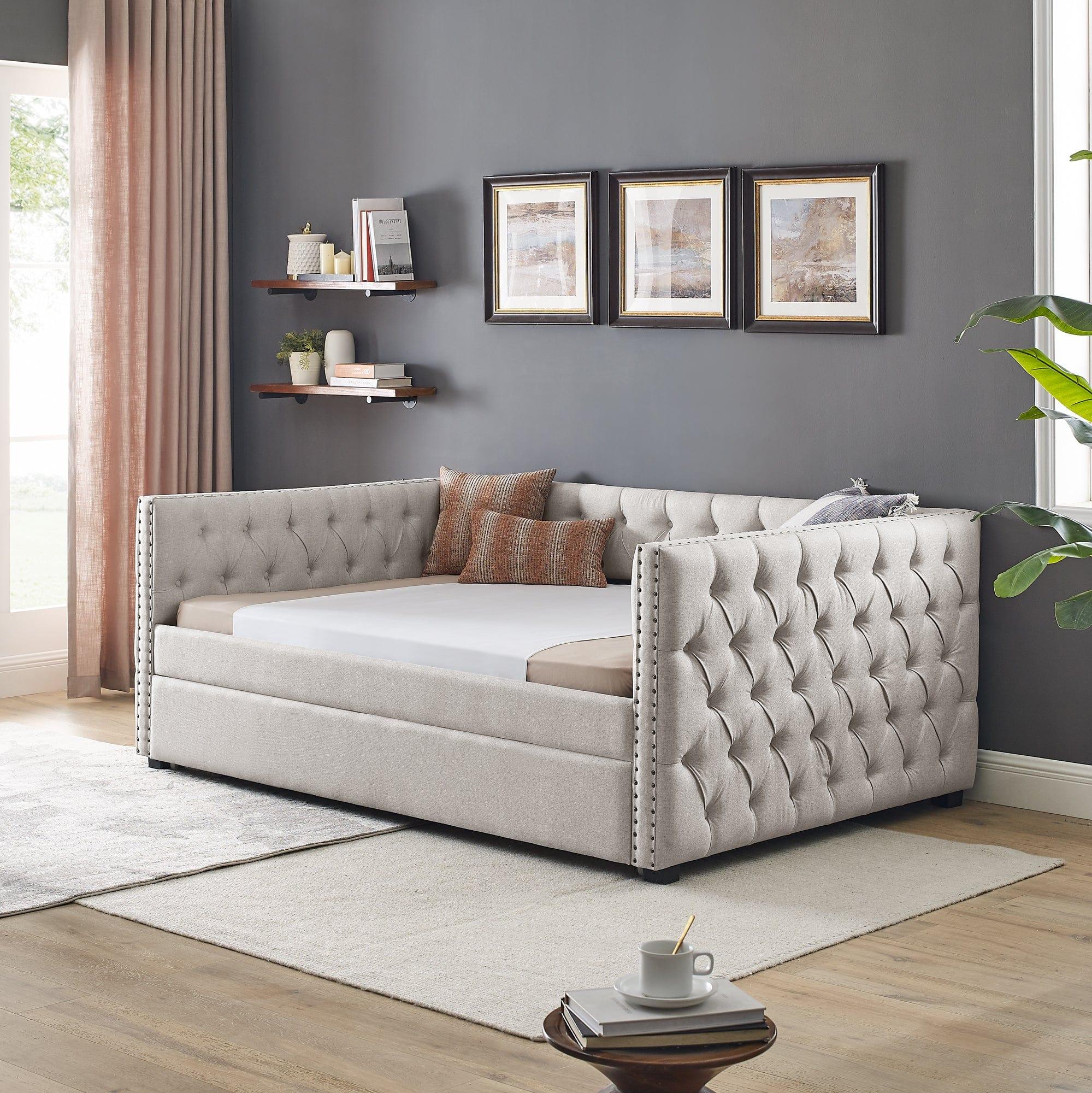 Shop Daybed with Trundle Upholstered Tufted Sofa Bed, with Button and Copper Nail on Square Arms，Full Daybed & Twin Trundle, Beige（85“x57”x31.5“） Mademoiselle Home Decor