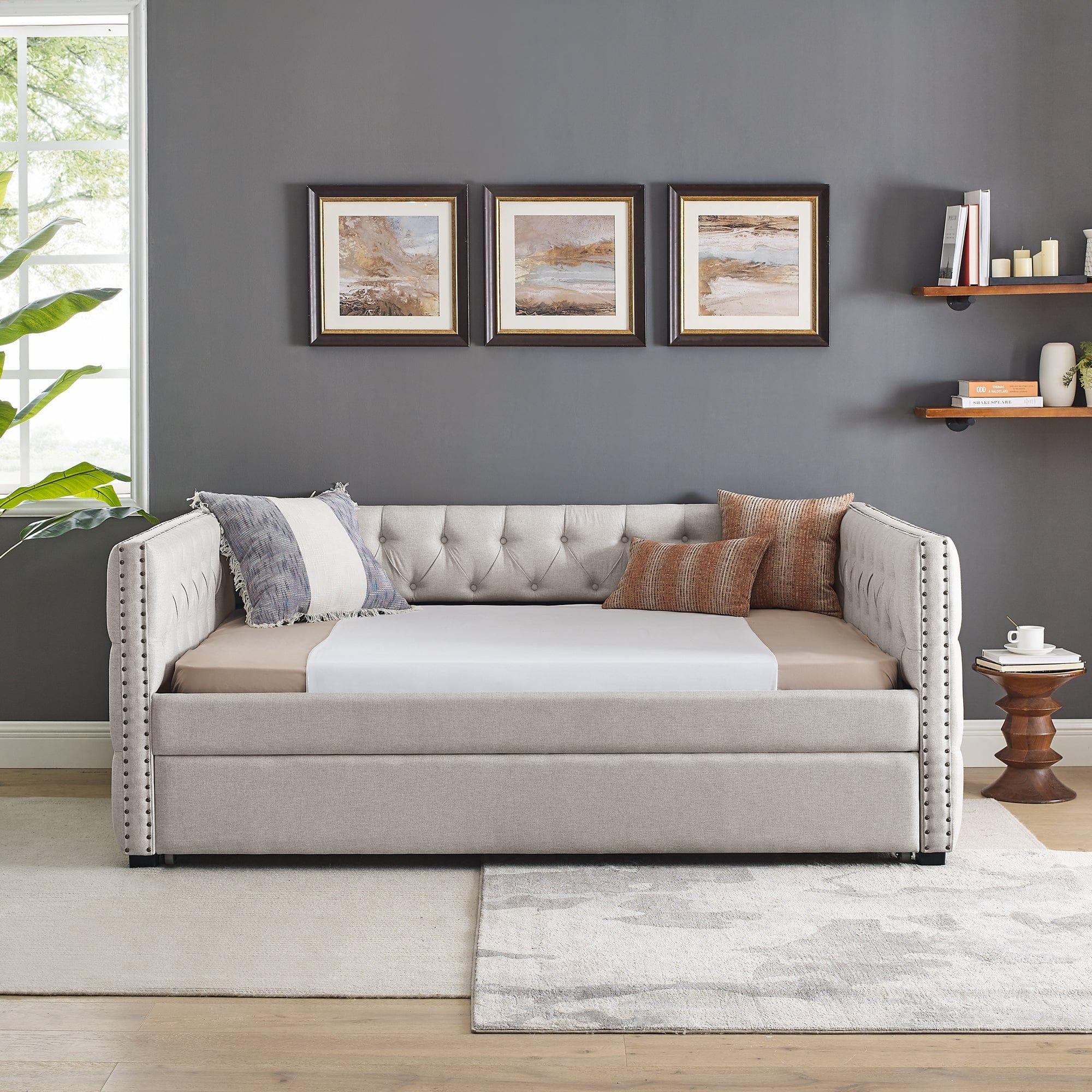 Shop Daybed with Trundle Upholstered Tufted Sofa Bed, with Button and Copper Nail on Square Arms,Full Daybed & Twin Trundle, Beige(85“x57”x31.5“) Mademoiselle Home Decor