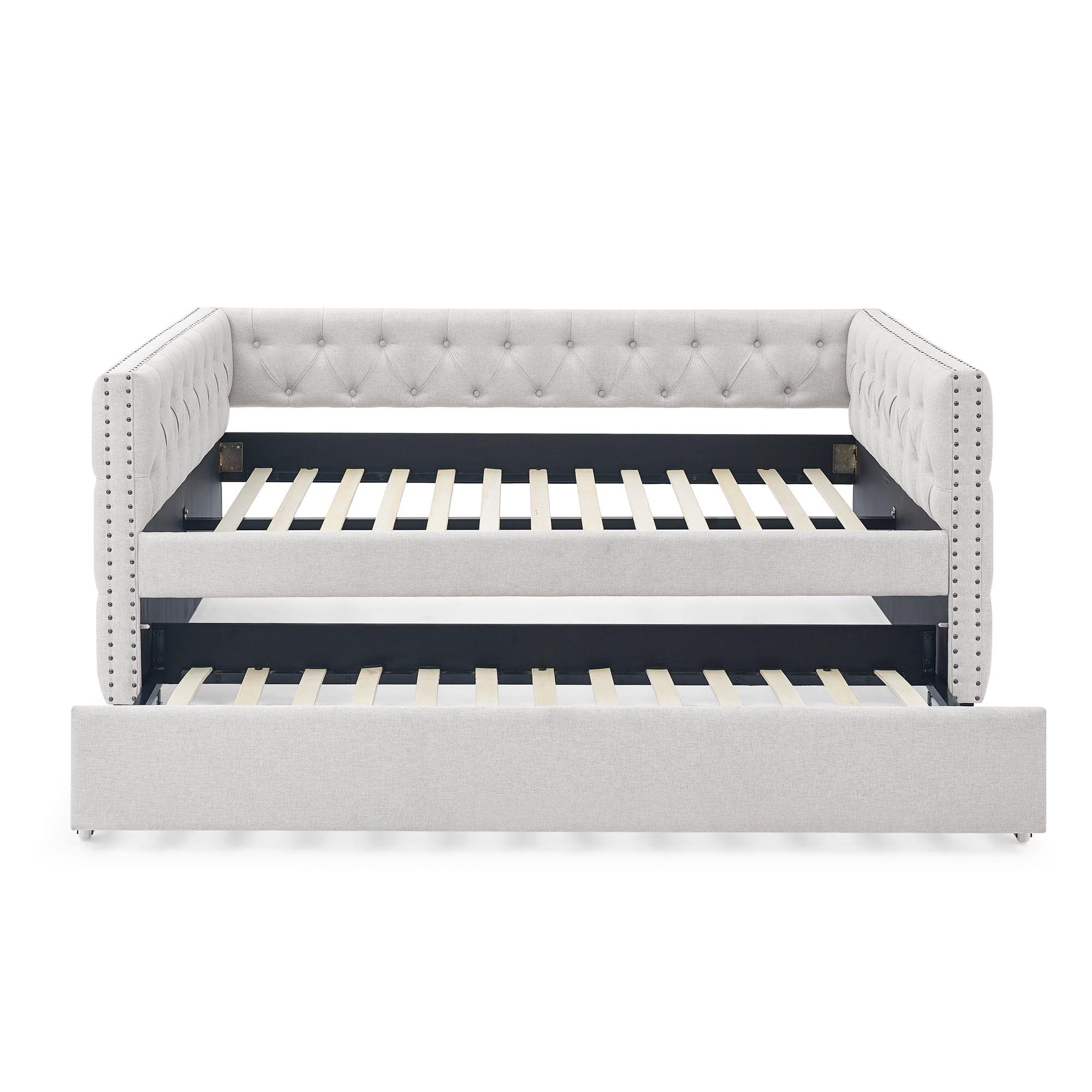 Shop Daybed with Trundle Upholstered Tufted Sofa Bed, with Button and Copper Nail on Square Arms,Full Daybed & Twin Trundle, Beige(85“x57”x31.5“) Mademoiselle Home Decor