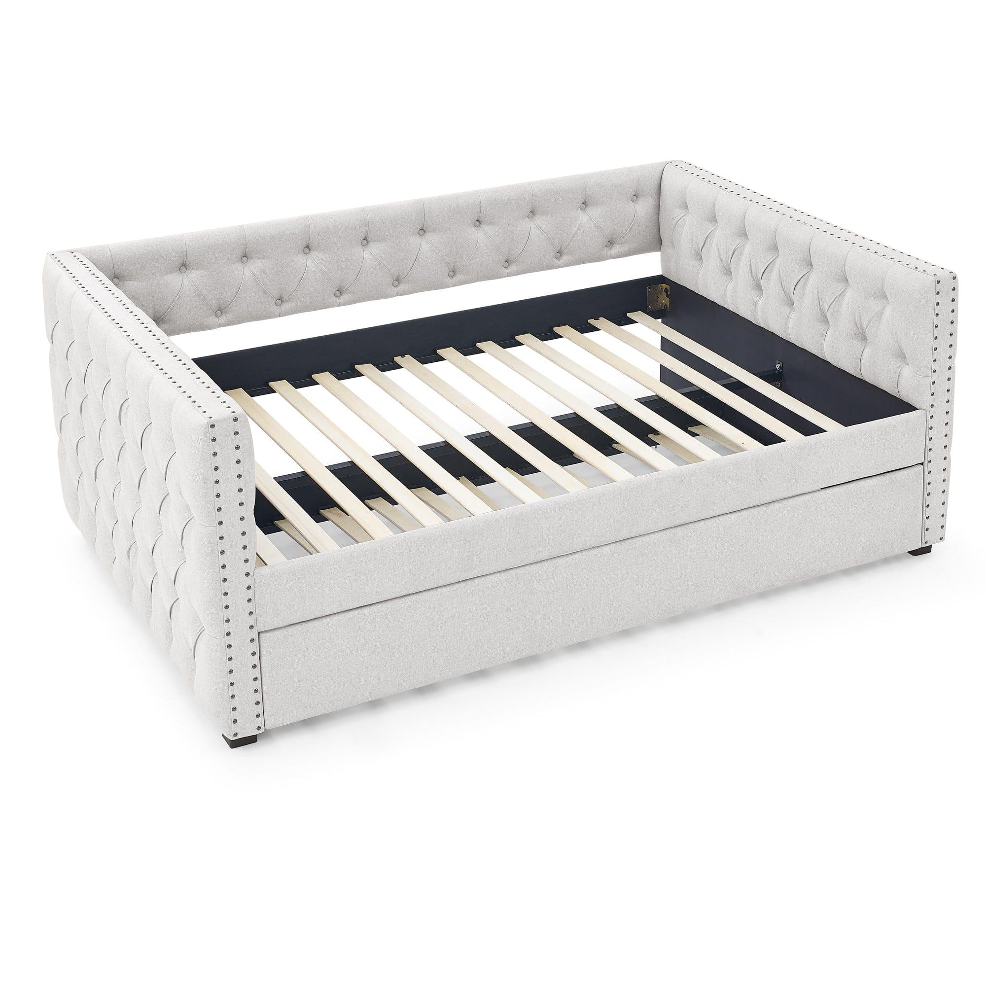 Shop Daybed with Trundle Upholstered Tufted Sofa Bed, with Button and Copper Nail on Square Arms,Full Daybed & Twin Trundle, Beige(85“x57”x31.5“) Mademoiselle Home Decor