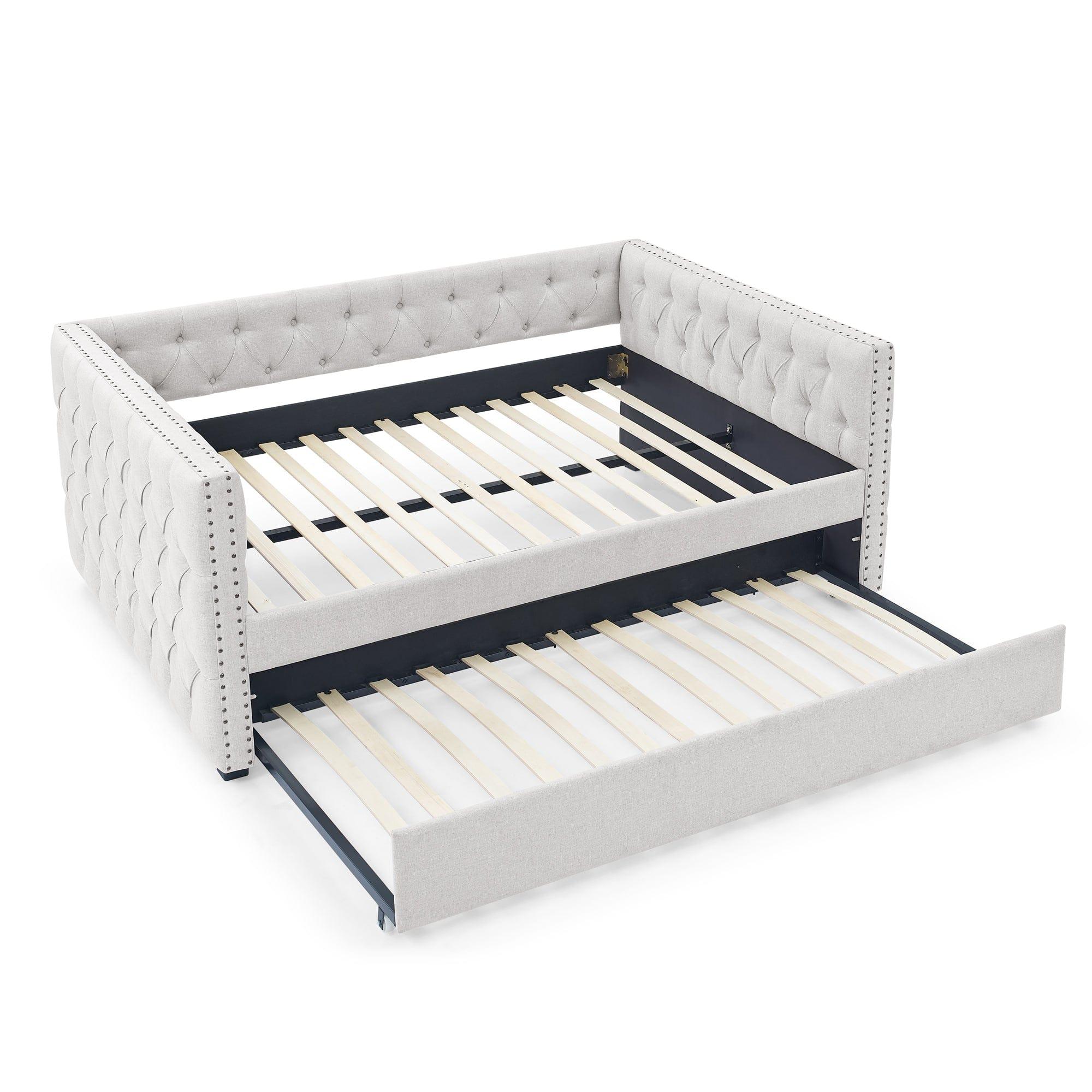 Shop Daybed with Trundle Upholstered Tufted Sofa Bed, with Button and Copper Nail on Square Arms,Full Daybed & Twin Trundle, Beige(85“x57”x31.5“) Mademoiselle Home Decor