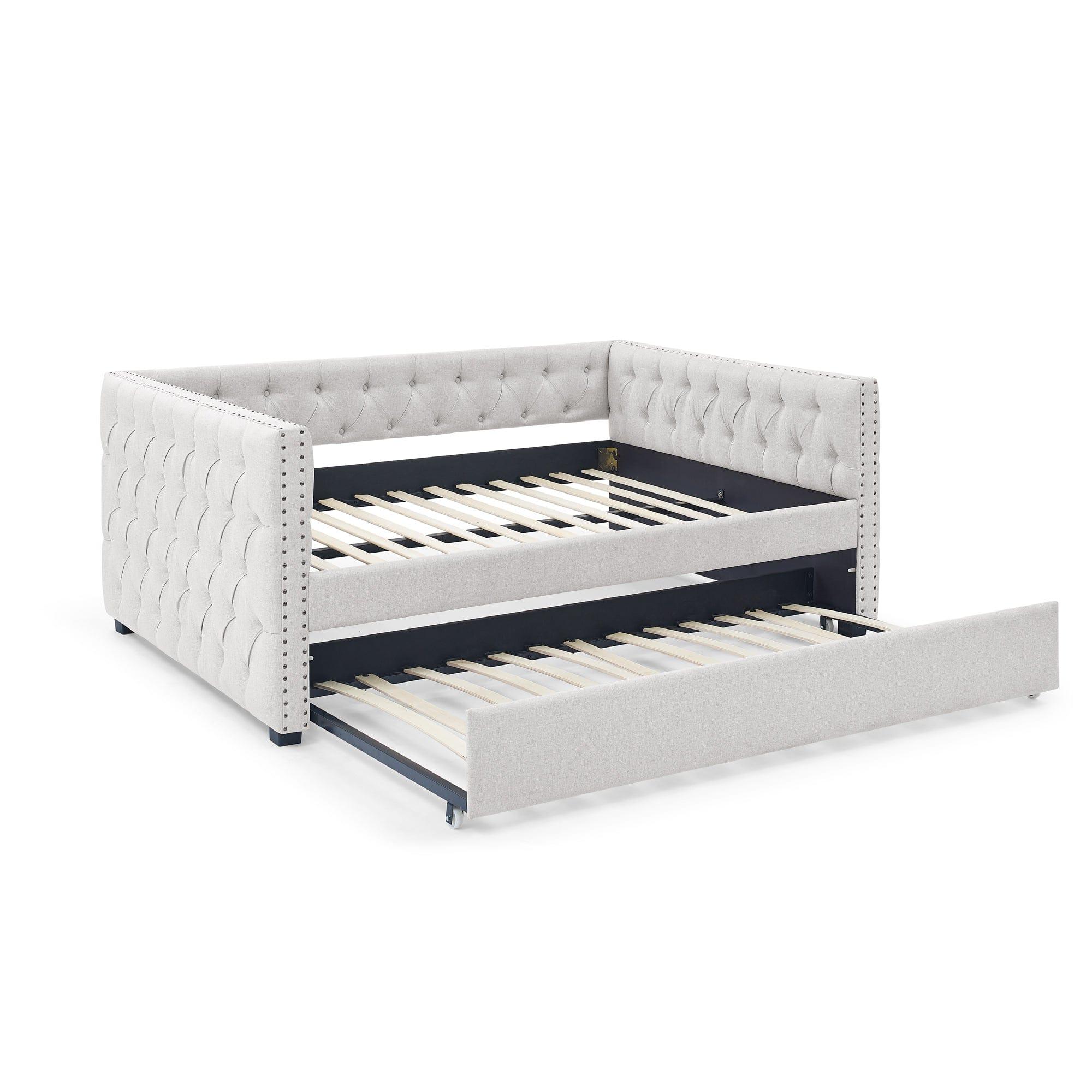 Shop Daybed with Trundle Upholstered Tufted Sofa Bed, with Button and Copper Nail on Square Arms,Full Daybed & Twin Trundle, Beige(85“x57”x31.5“) Mademoiselle Home Decor