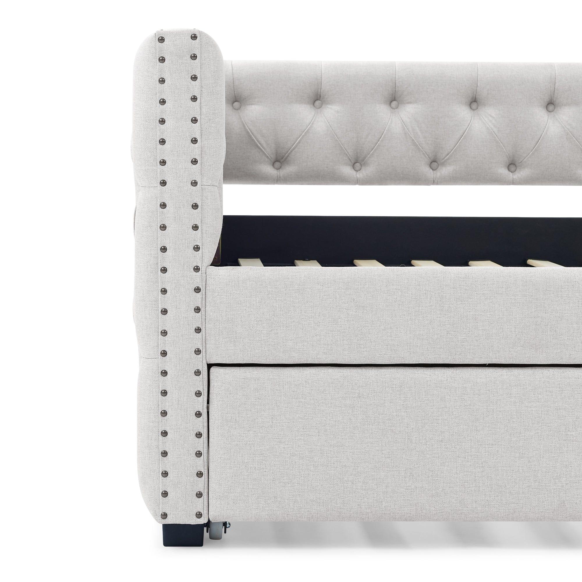 Shop Daybed with Trundle Upholstered Tufted Sofa Bed, with Button and Copper Nail on Square Arms,Full Daybed & Twin Trundle, Beige(85“x57”x31.5“) Mademoiselle Home Decor
