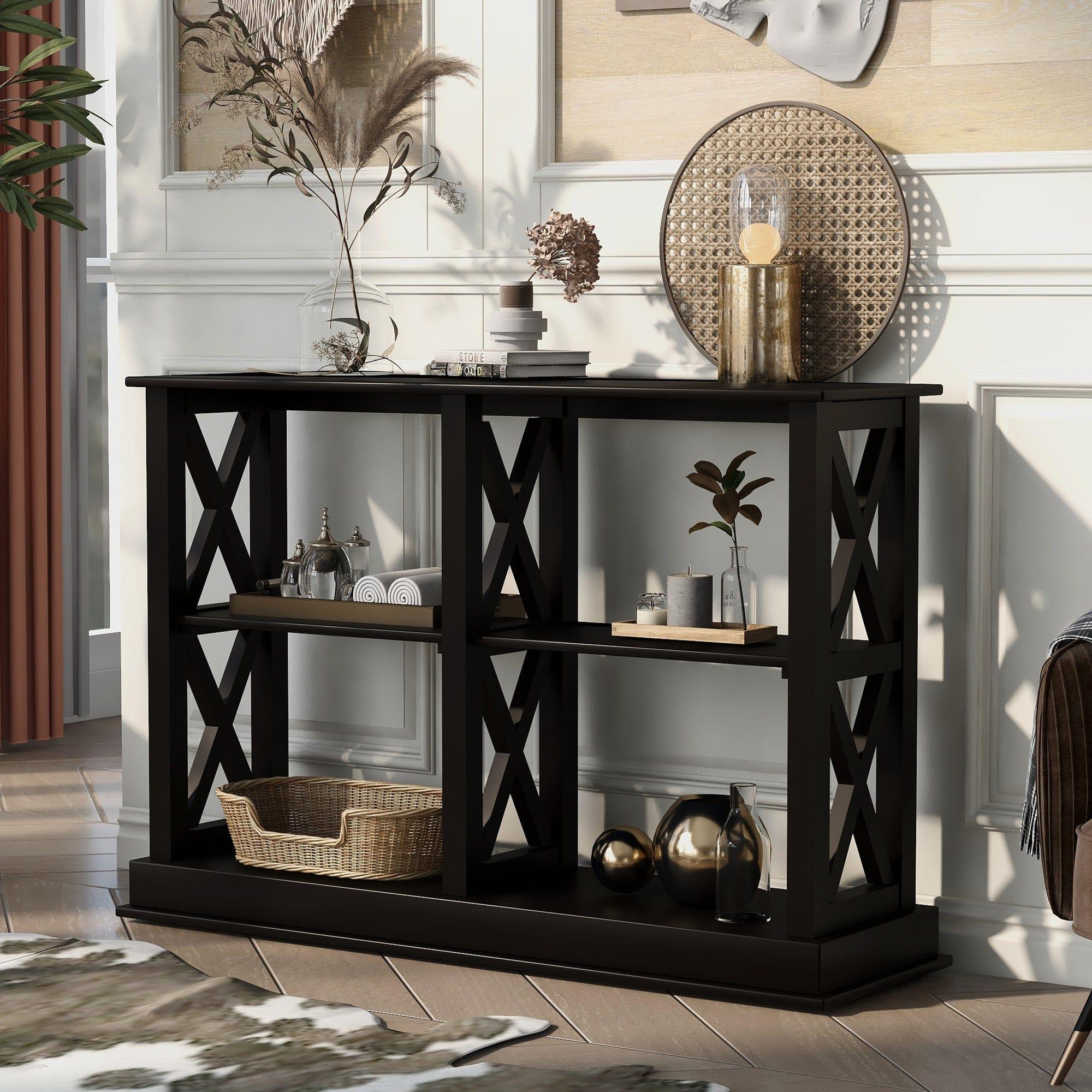 Shop TREXM Console Table with 3-Tier Open Storage Spaces and “X” Legs, Narrow Sofa Entry Table for Living Room, Entryway and Hallway (Black) Mademoiselle Home Decor