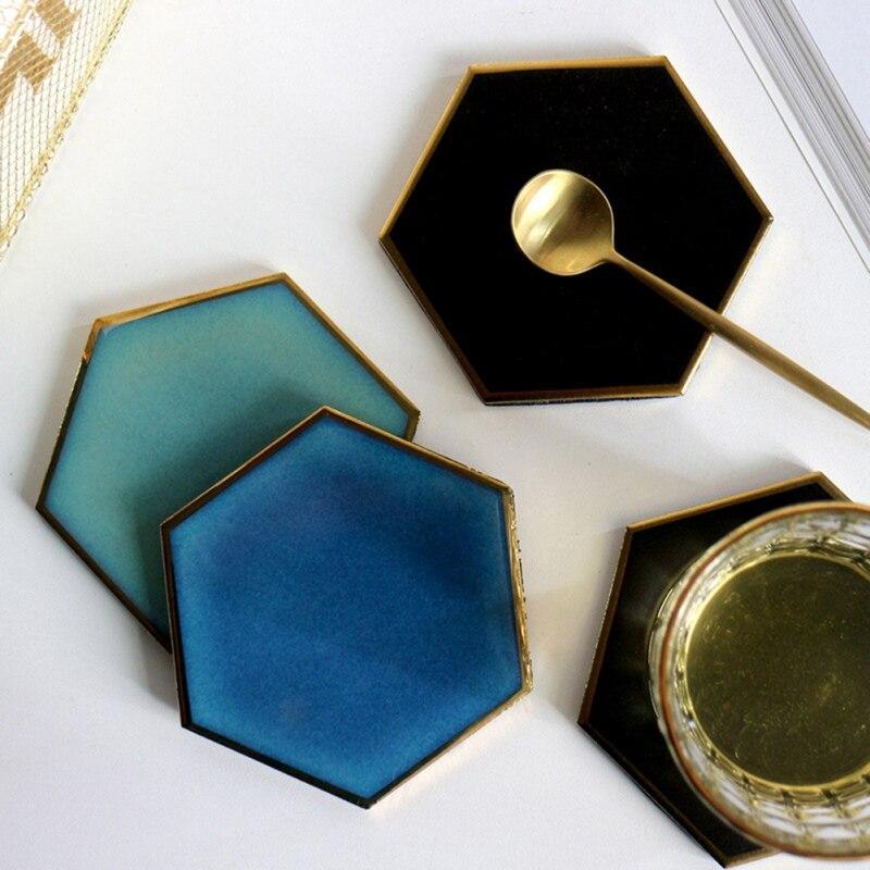 Shop 0 1pcs Nordic Hexagon Gold-plated Ceramic Placemat Heat Insulation Coaster Porcelain Mats Pads Table Decoration Mademoiselle Home Decor