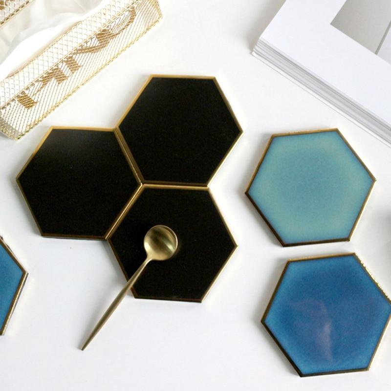 Shop 0 1pcs Nordic Hexagon Gold-plated Ceramic Placemat Heat Insulation Coaster Porcelain Mats Pads Table Decoration Mademoiselle Home Decor