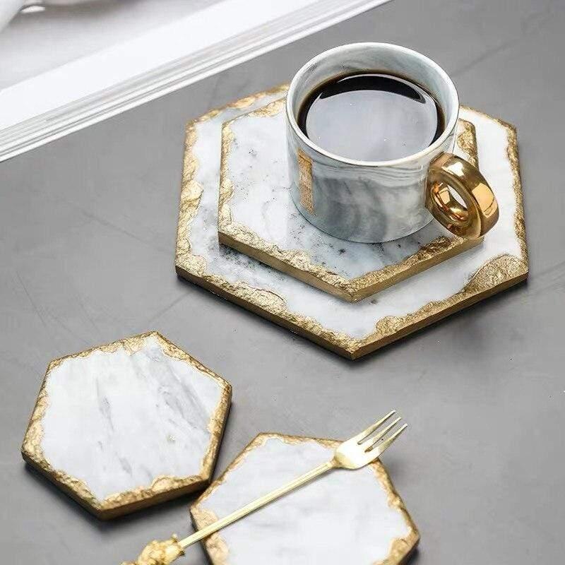 Shop 0 Luxury Non-slip Marble coaster mug Kitchen Potholder White Stone with Gold Inlay Heat Resistant Trivet Mademoiselle Home Decor