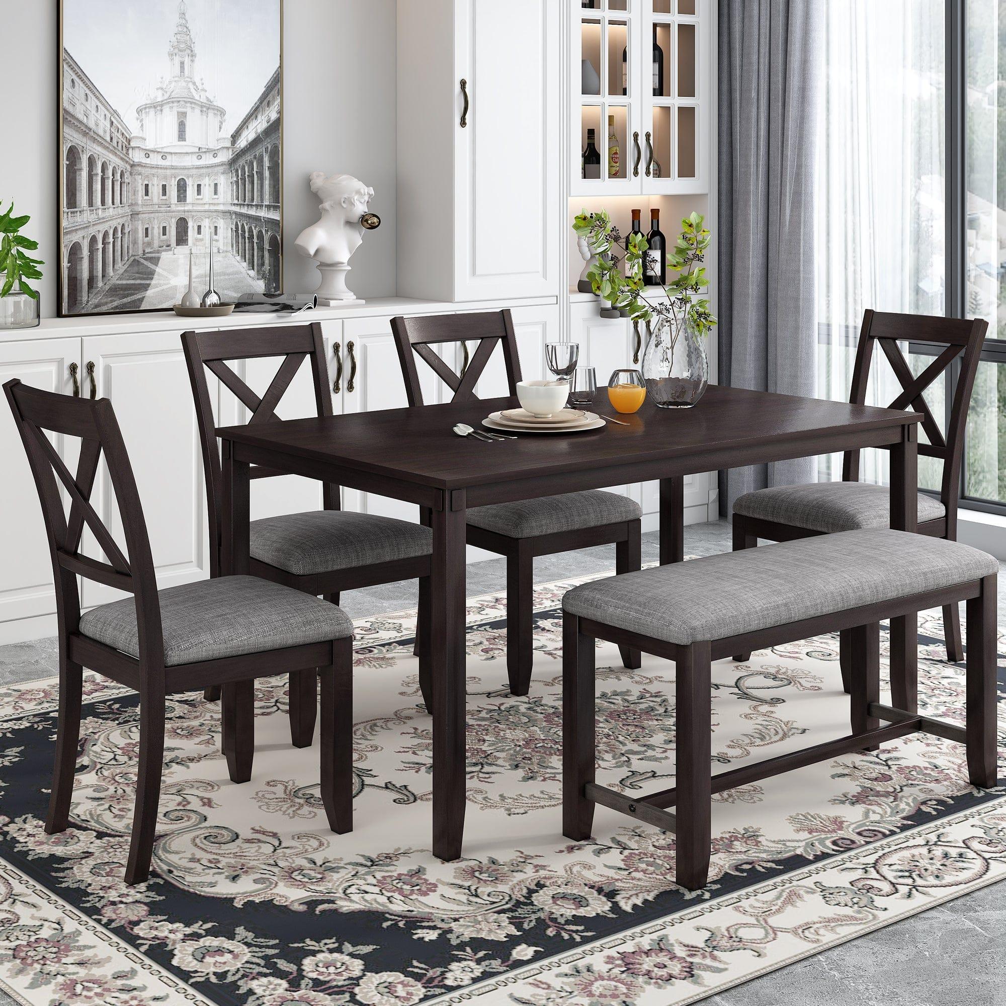 Shop TREXM 6-Piece Kitchen Dining Table Set Wooden Rectangular Dining Table, 4 Dining Chairs and Bench Family Furniture for 6 People (Espresso) Mademoiselle Home Decor