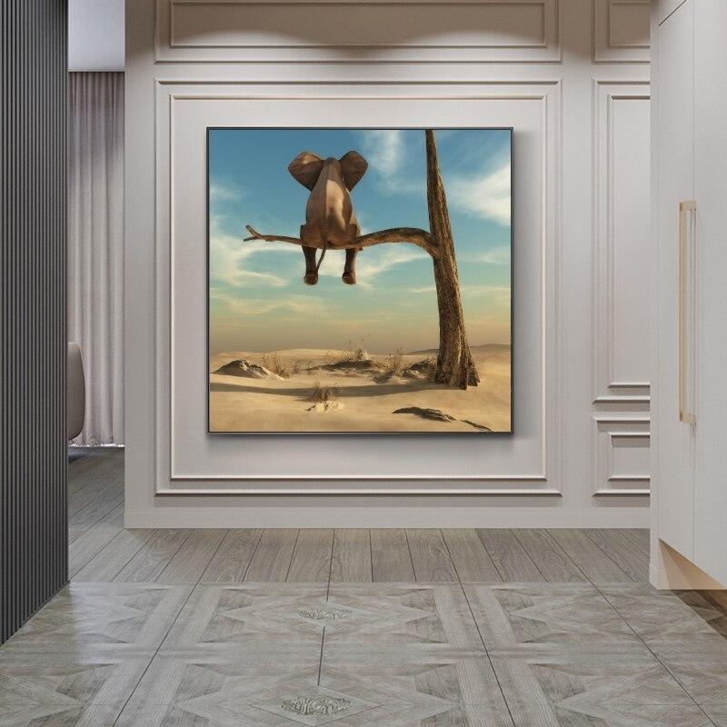 Shop 0 Elephant Sits On Tree Branch Modern Art Canvas Posters And Prints Surrealism Art Paintings Funny Art Animals Pictures Cuadros Mademoiselle Home Decor