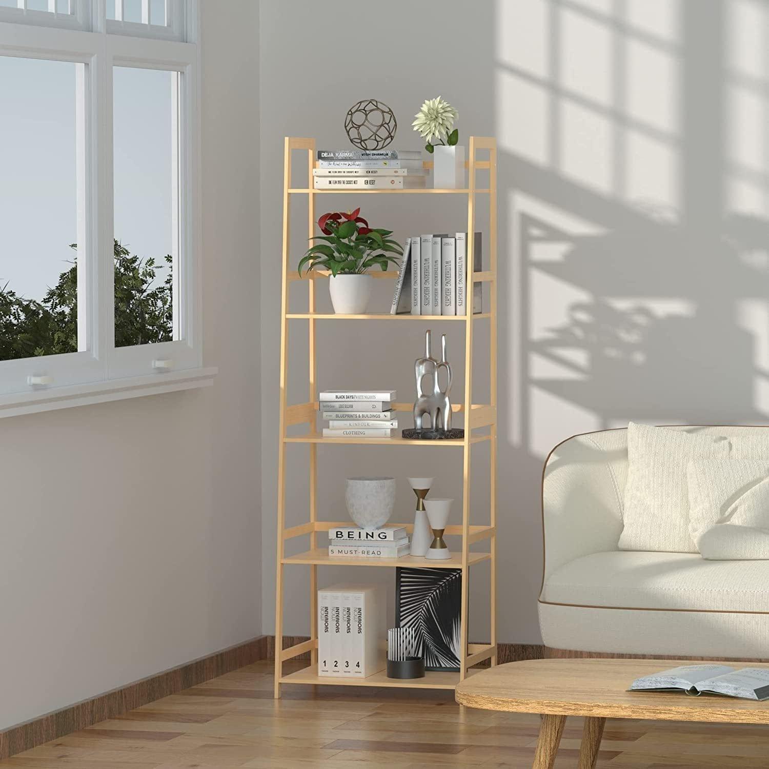 Shop Ladder Shelf, 5 Tier Bamboo Bookshelf, Modern Open Bookcase for Bedroom, Living Room, Office, Natural Mademoiselle Home Decor