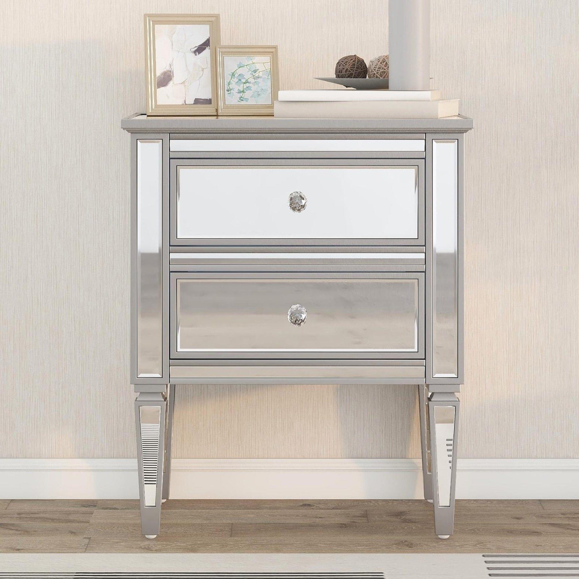 Shop Elegant Mirrored Nightstand with 2 Drawers, Modern Silver Finished End Table Side Table for Living Room Bedroom Mademoiselle Home Decor