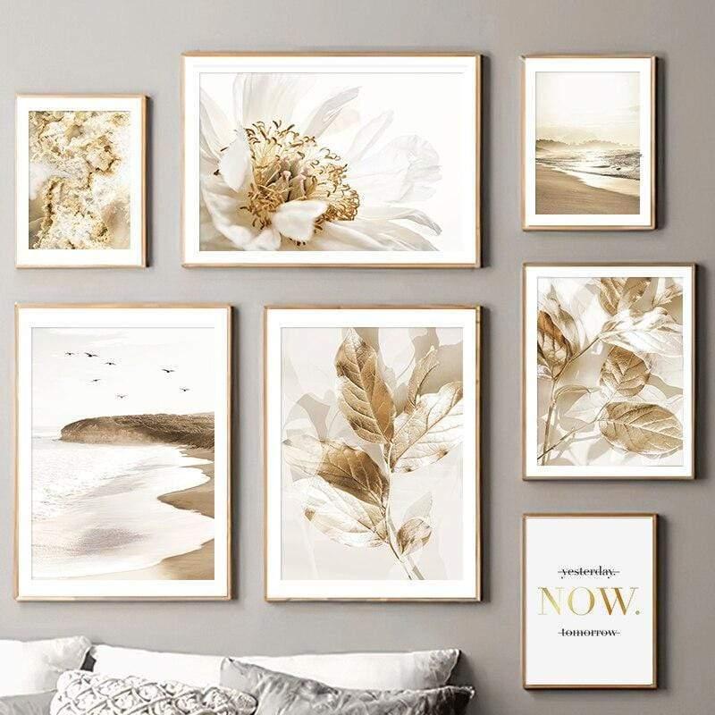 Shop 0 Golden Leaves Flower Canvas Poster Wave Beach Scenery Wall Art Print Painting Nordic Home Decor Modern Pictures for Living Room Mademoiselle Home Decor