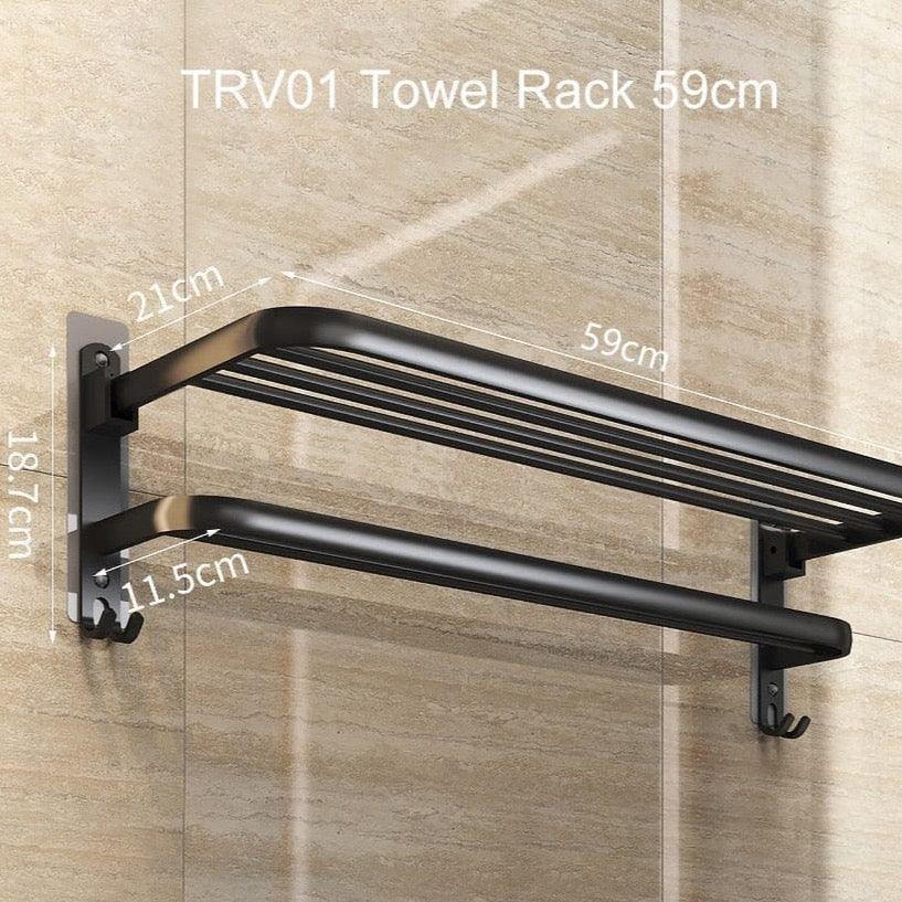 Shop 0 TR-V-59 Matte Black No Drilling Towel Rack Movable Holder With Hook Wall Mount Shelf Aluminum Shower Hanger Rail Bathroom Accessories Mademoiselle Home Decor