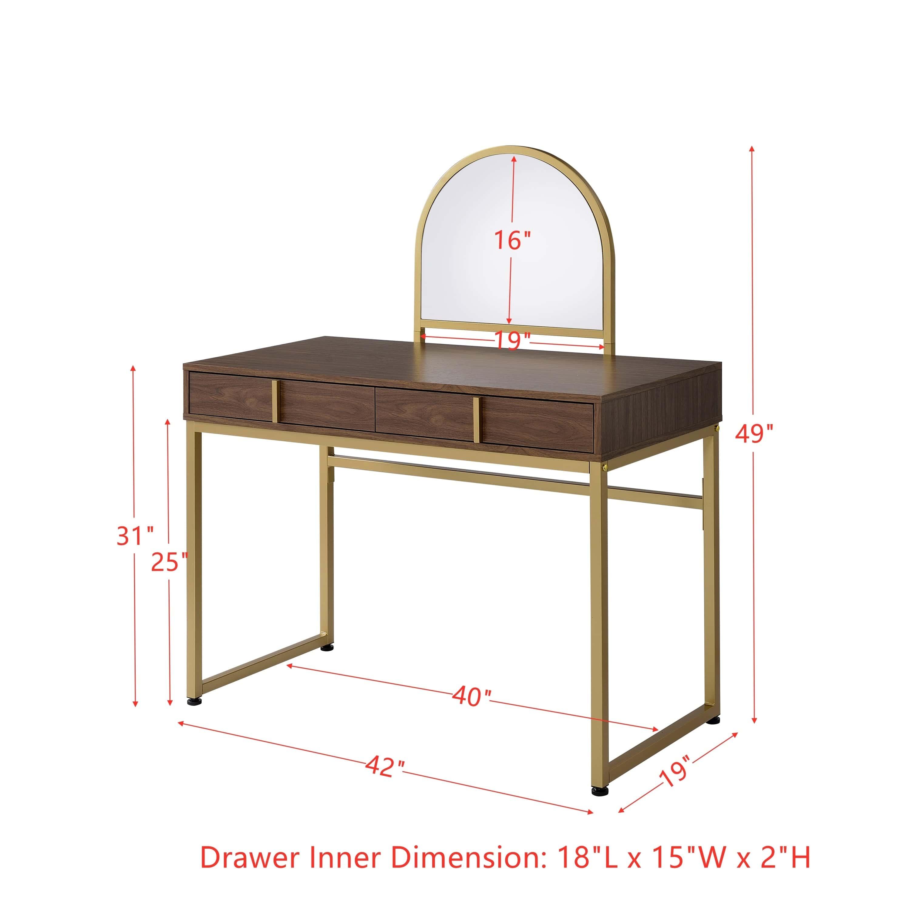 Shop ACME Coleen Vanity Desk w/Mirror & Jewelry Tray in Walnut & Gold Finish AC00670 Mademoiselle Home Decor