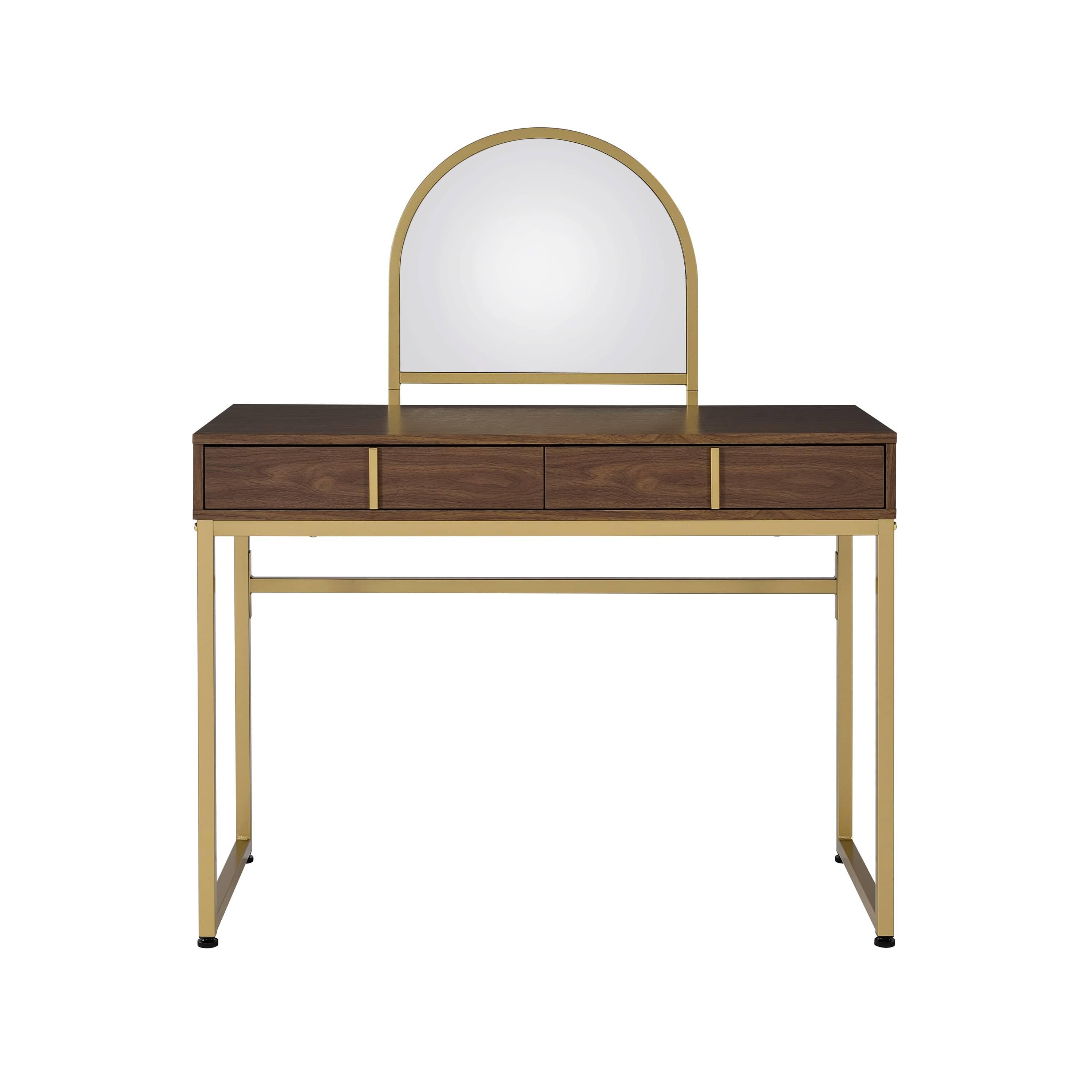 Shop ACME Coleen Vanity Desk w/Mirror & Jewelry Tray in Walnut & Gold Finish AC00670 Mademoiselle Home Decor