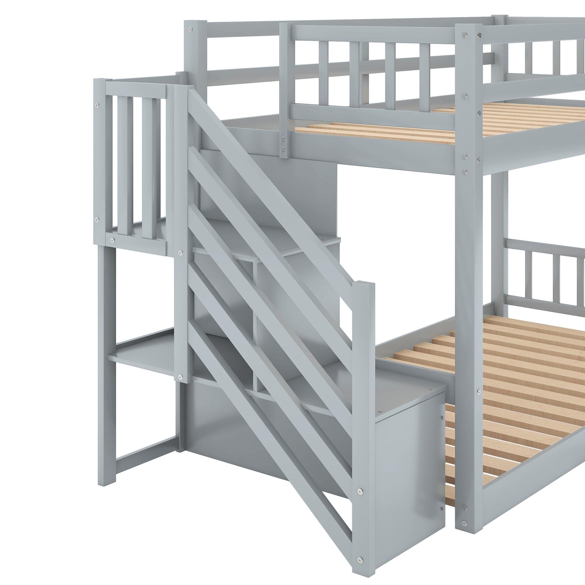 Shop Twin over Twin Floor Bunk Bed, Ladder with Storage, Gray Mademoiselle Home Decor
