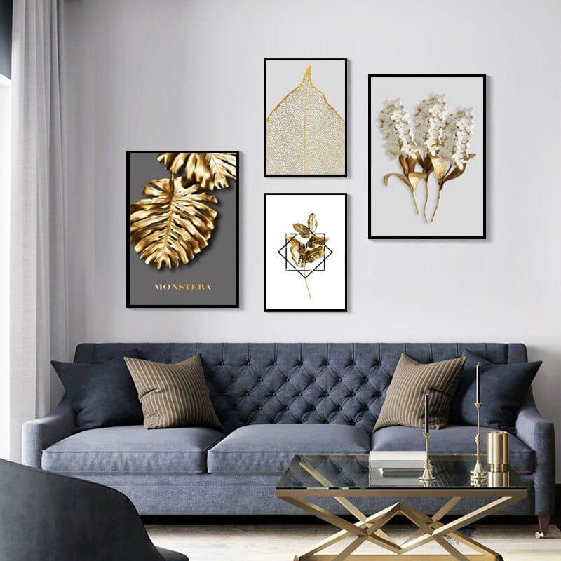 Shop 0 Nordic Golden Abstract Leaf Flower Wall Art Canvas Painting Black White Feathers Poster Print Wall Picture for Living Room Decor Mademoiselle Home Decor