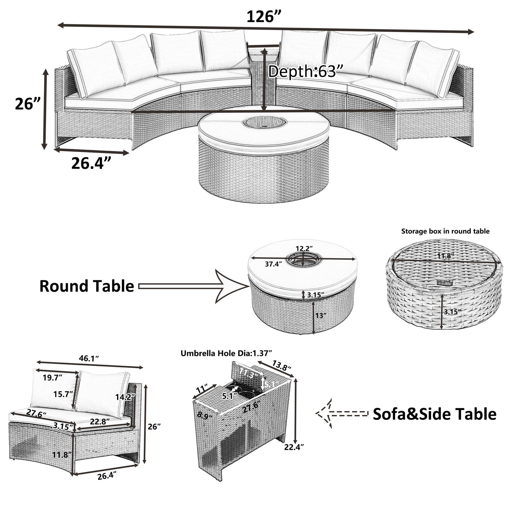 Shop TOPMAX 6 Pieces Outdoor Sectional Half Round Patio Rattan Sofa Set, PE Wicker Conversation Furniture Set w/ One Storage Side Table for Umbrella and One Multifunctional Round Table, Brown+ Gray Mademoiselle Home Decor