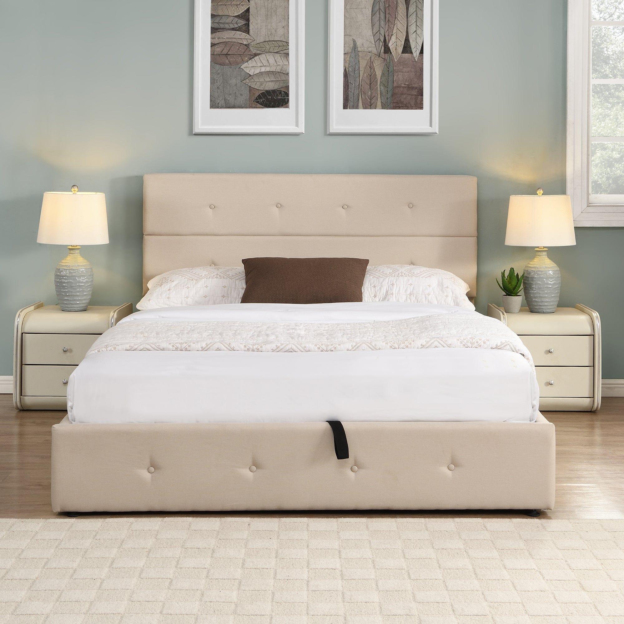 Shop Berlin Beige Upholstered Platform Bed with Under Storage - Queen Mademoiselle Home Decor