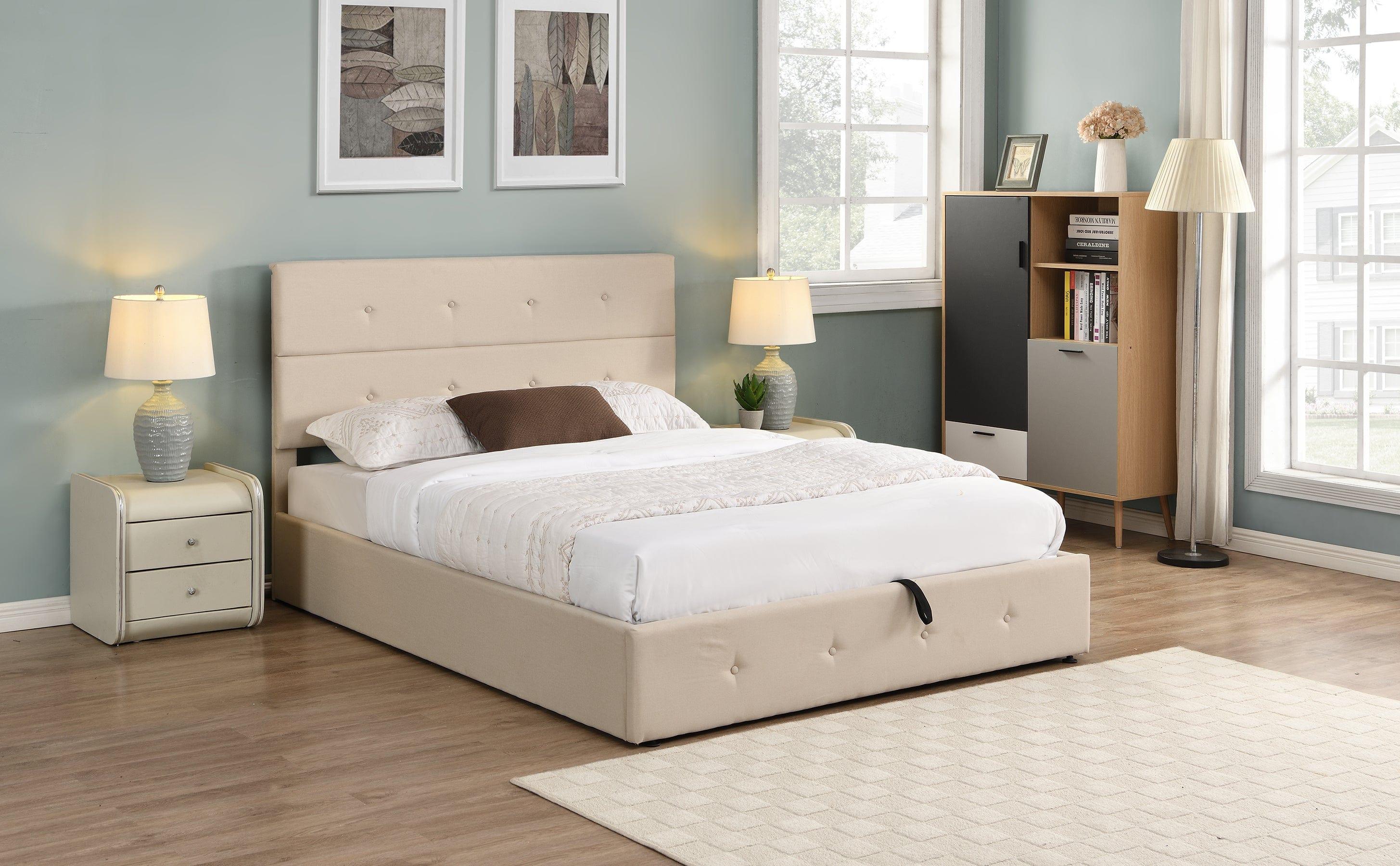 Shop Berlin Beige Upholstered Platform Bed with Under Storage - Queen Mademoiselle Home Decor