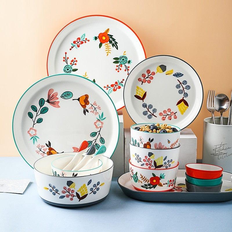 Shop 0 Floral Design Ceramic Dinnerware Chinese Cuisine Rice Bowl Soup Ramen Bowl Dessert Saucer Pasta Steak Plate Dinner Dishes Mademoiselle Home Decor