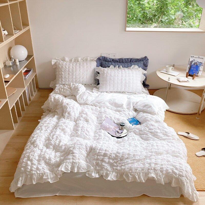 Shop 0 White / 1.5m Bed sheet / 4PCS Euro Style Linens Cream Puff  Seersucker Duvet Cover Bedding Set Pure Cotton Bed Sheet Quilt Cover Pillowcase King Bed Linen Set Mademoiselle Home Decor