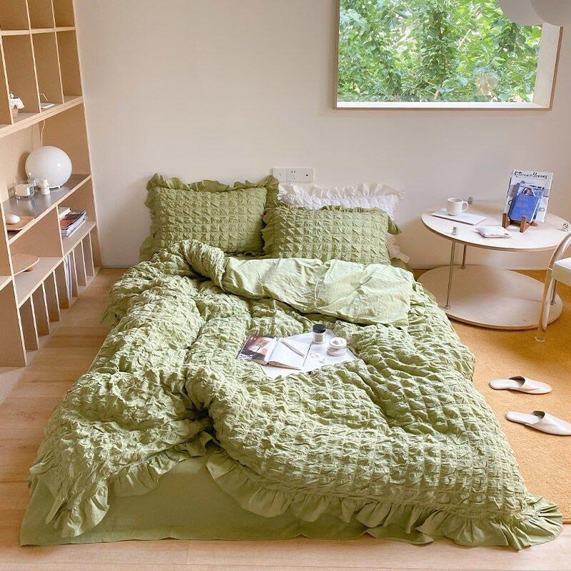 Shop 0 light green / 1.5m Bed sheet / 4PCS Euro Style Linens Cream Puff  Seersucker Duvet Cover Bedding Set Pure Cotton Bed Sheet Quilt Cover Pillowcase King Bed Linen Set Mademoiselle Home Decor