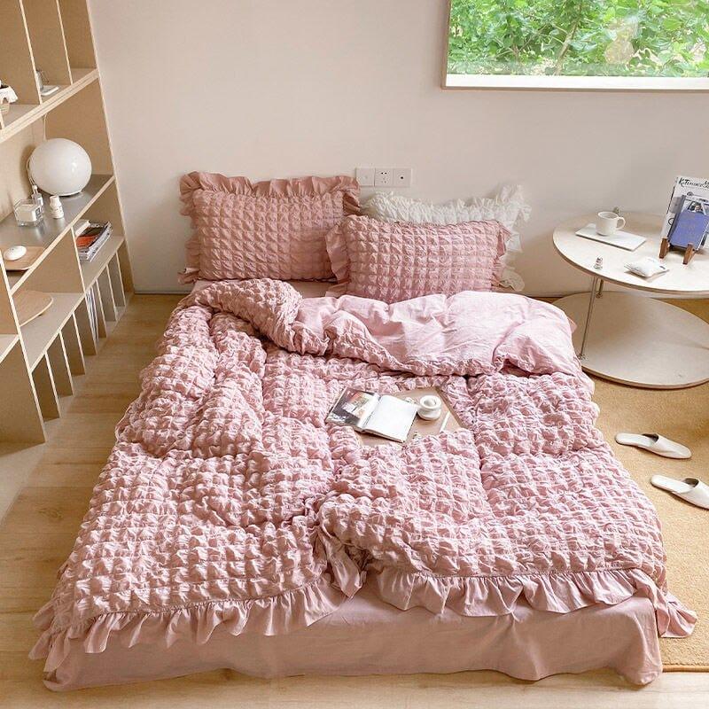 Shop 0 Pink / 1.5m Bed sheet / 4PCS Euro Style Linens Cream Puff  Seersucker Duvet Cover Bedding Set Pure Cotton Bed Sheet Quilt Cover Pillowcase King Bed Linen Set Mademoiselle Home Decor