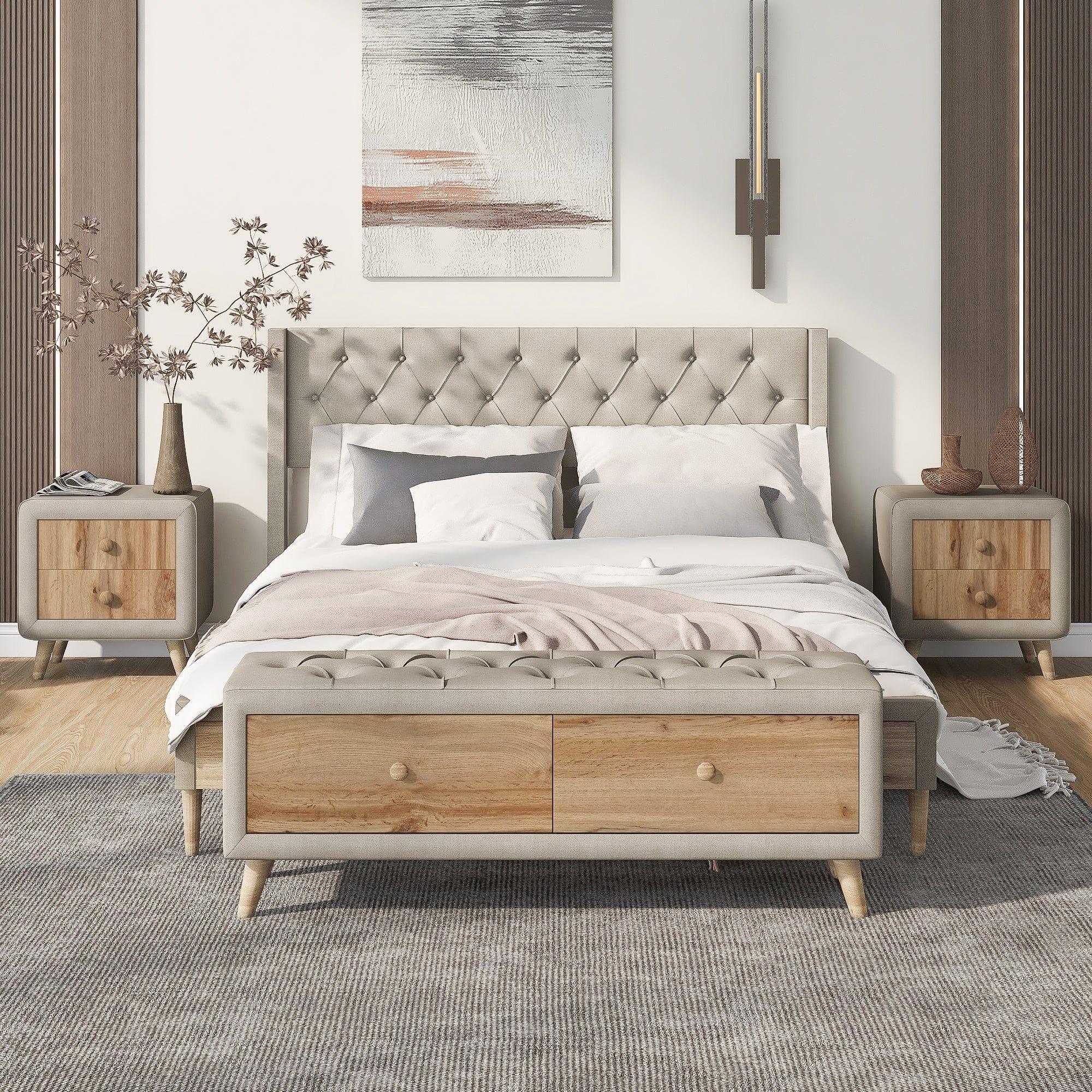 Shop Bisou Beige Upholstered Platform Bed 4pcs Bedroom Set -Queen Mademoiselle Home Decor