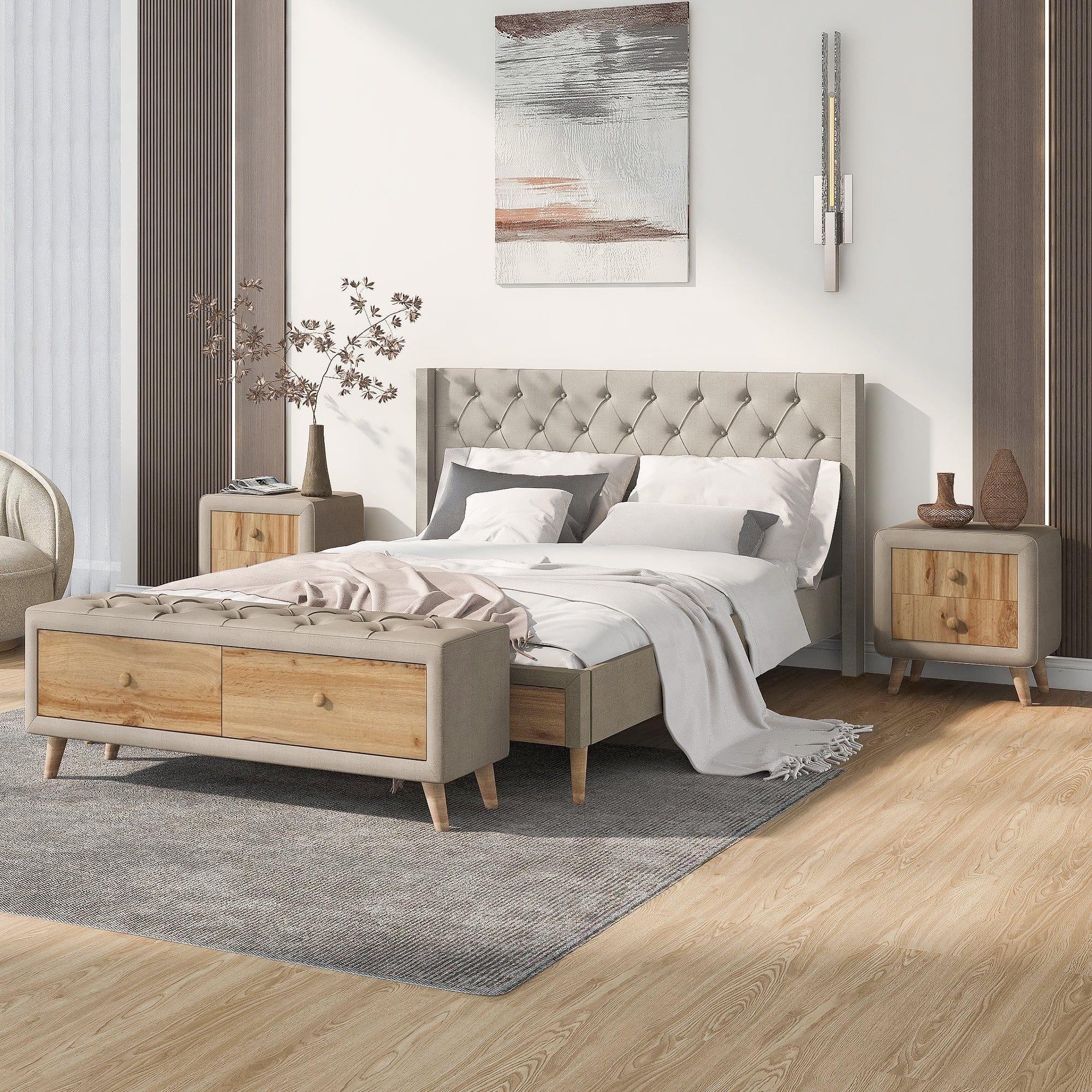 Shop Bisou Beige Upholstered Platform Bed 4pcs Bedroom Set -Queen Mademoiselle Home Decor