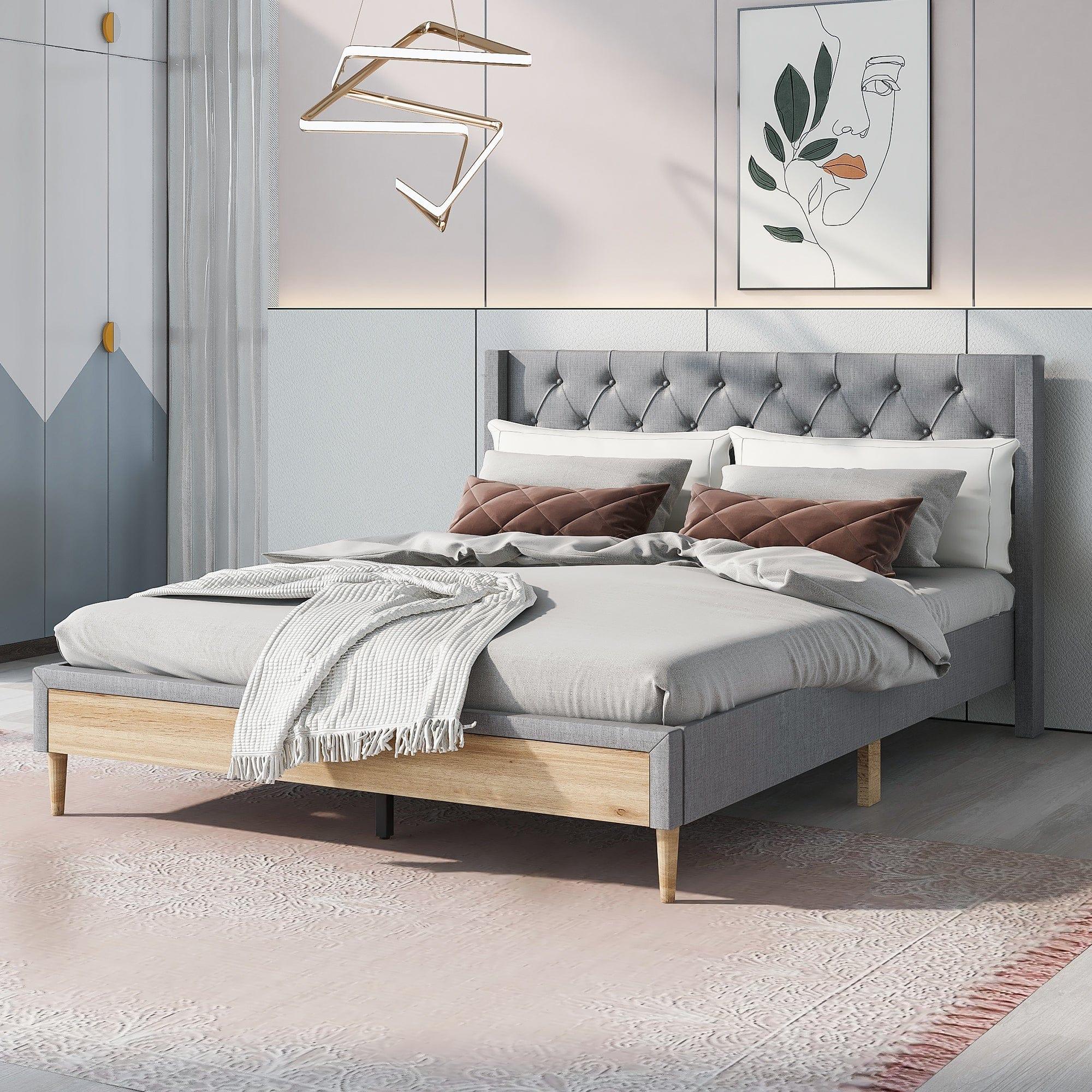 Shop Bisou Grey Upholstered Platform Bed - Queen Mademoiselle Home Decor