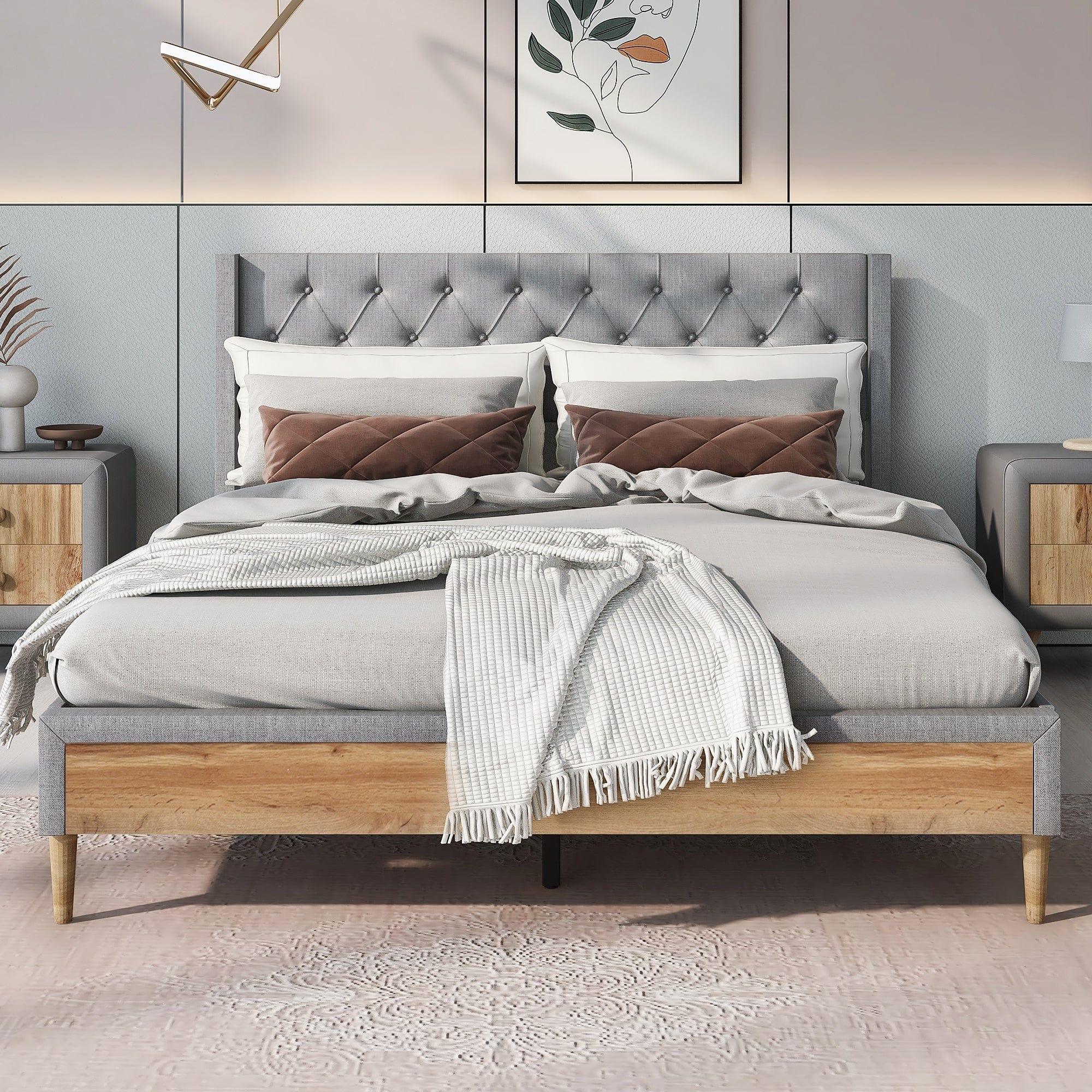 Shop Upholstered Platform Bed with Rubber Wood Legs,No Box Spring Needed, Linen Fabric,Queen Size-Gray Mademoiselle Home Decor