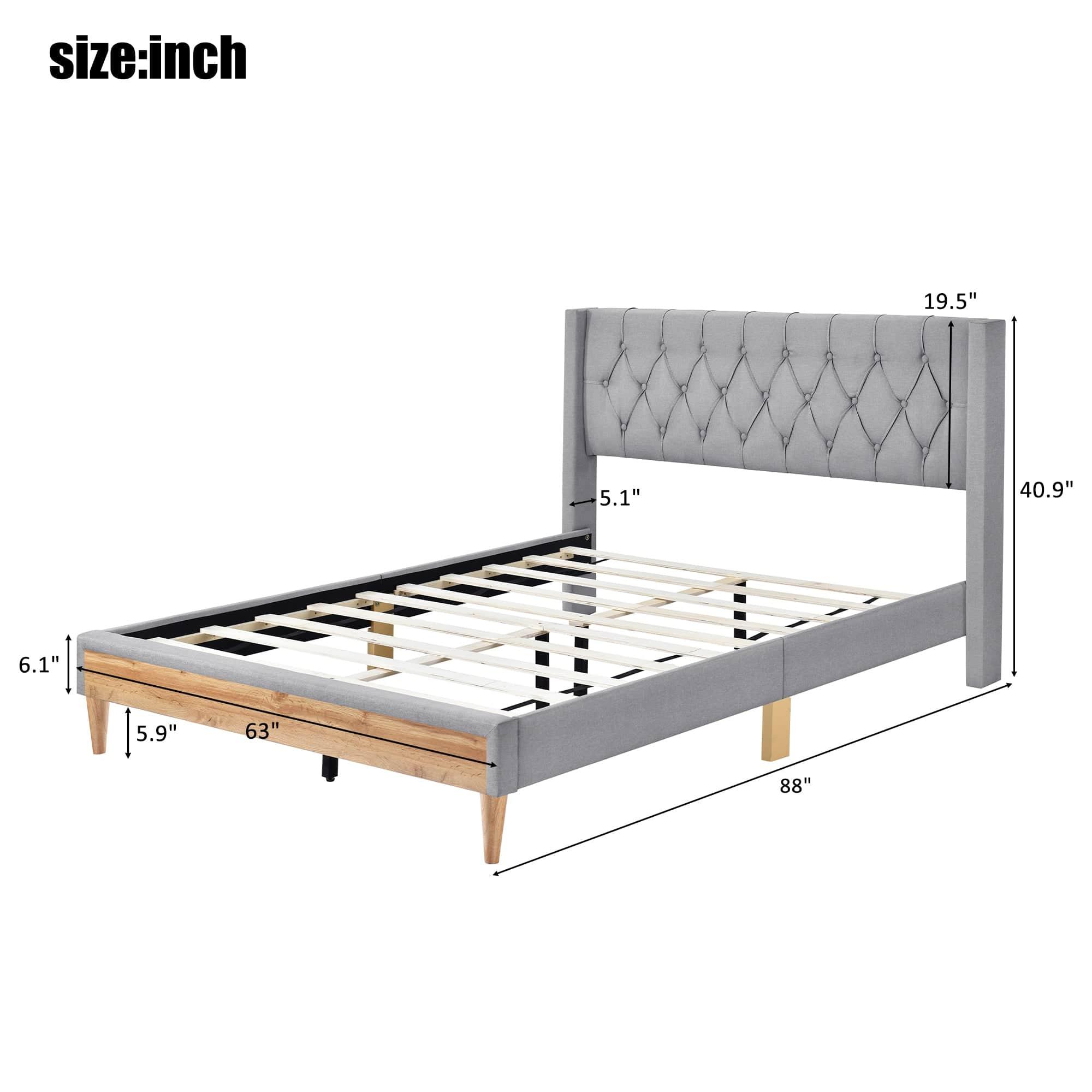 Shop Upholstered Platform Bed with Rubber Wood Legs,No Box Spring Needed, Linen Fabric,Queen Size-Gray Mademoiselle Home Decor