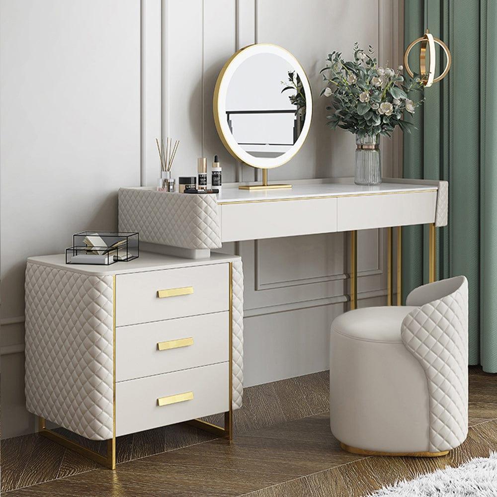 Shop Luxury Makeup Vanity Set with LED Lighted Mirror, Side Cabinet and 5 Drawers, Modern Sintered Stone Dressing Table with Stool, 39.5", White Mademoiselle Home Decor