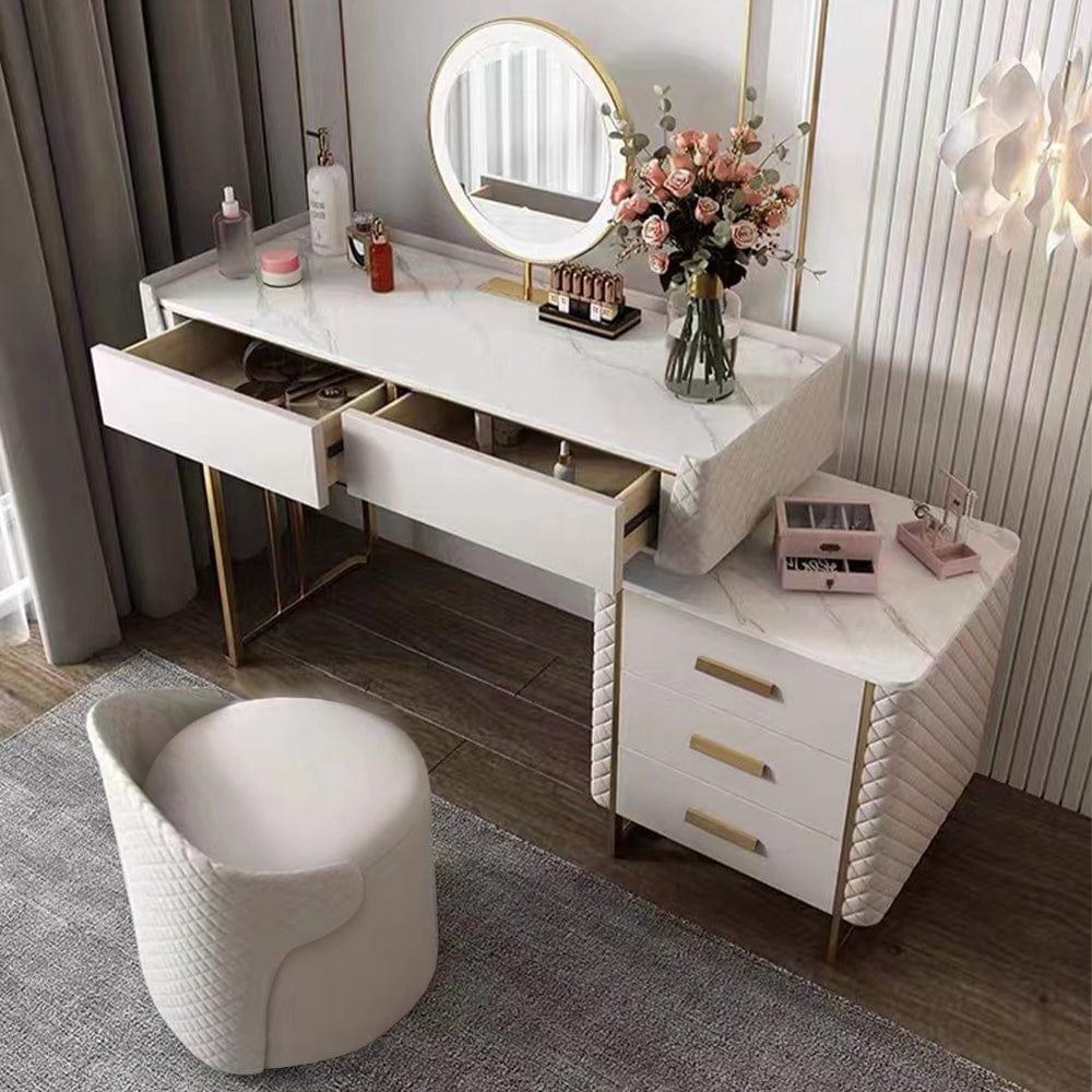 Shop Luxury Makeup Vanity Set with LED Lighted Mirror, Side Cabinet and 5 Drawers, Modern Sintered Stone Dressing Table with Stool, 39.5", White Mademoiselle Home Decor