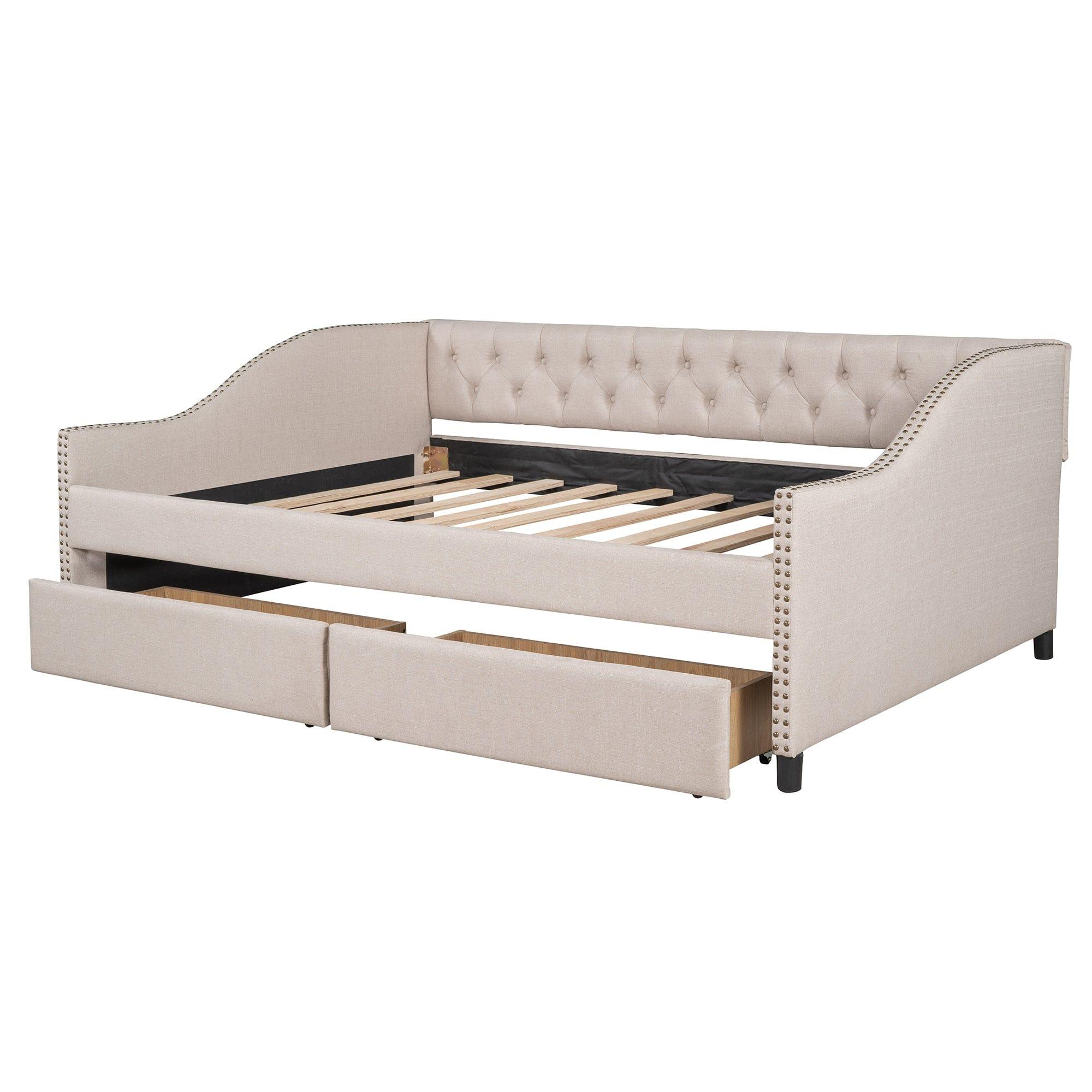 Shop Upholstered daybed with Two Drawers, Wood Slat Support, Beige, Full Size(OLD SKU :LP001111AAA) Mademoiselle Home Decor