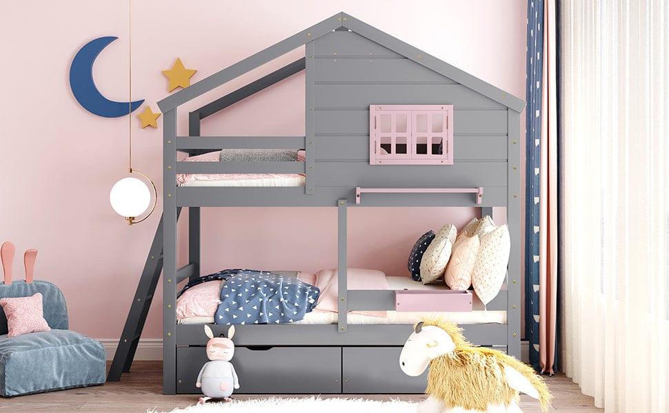 Shop Twin over Twin Bunk Bed with 2 Drawers, 1 Storage Box, 1 Shelf, Window and Roof-Gray(OLD SKU:LT000608AAE) Mademoiselle Home Decor