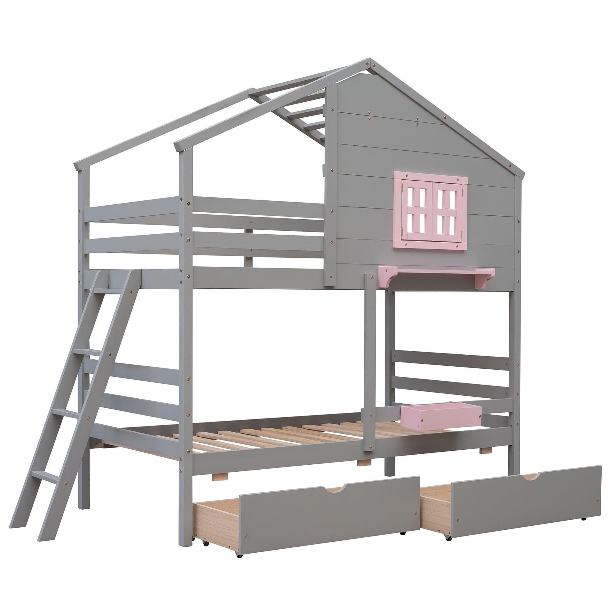 Shop Twin over Twin Bunk Bed with 2 Drawers, 1 Storage Box, 1 Shelf, Window and Roof-Gray(OLD SKU:LT000608AAE) Mademoiselle Home Decor