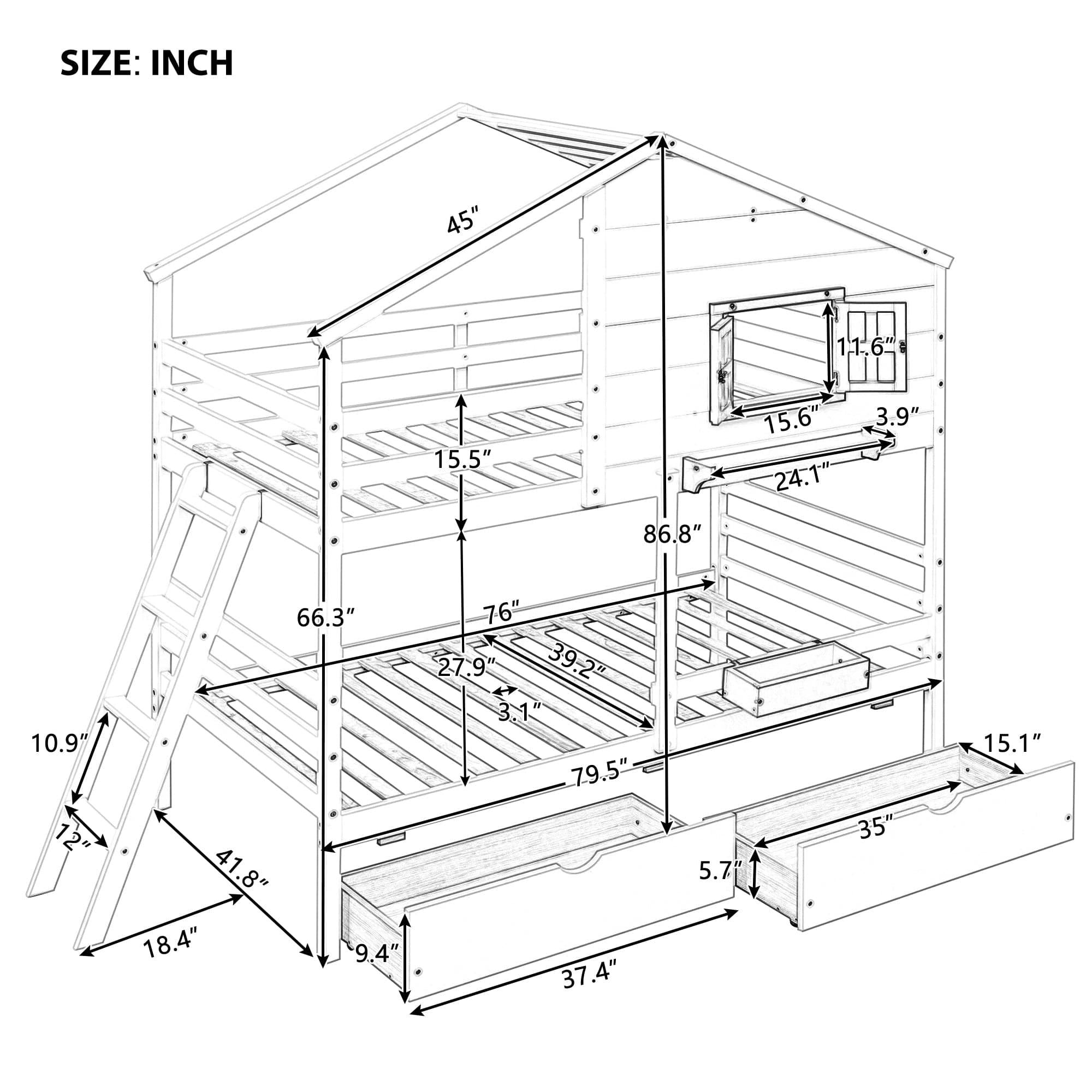 Shop Twin over Twin Bunk Bed with 2 Drawers, 1 Storage Box, 1 Shelf, Window and Roof-White(OLD SKU:LT000608AAK) Mademoiselle Home Decor