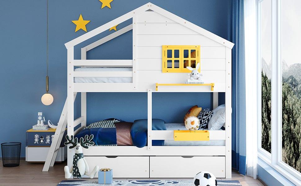 Shop Twin over Twin Bunk Bed with 2 Drawers, 1 Storage Box, 1 Shelf, Window and Roof-White(OLD SKU:LT000608AAK) Mademoiselle Home Decor