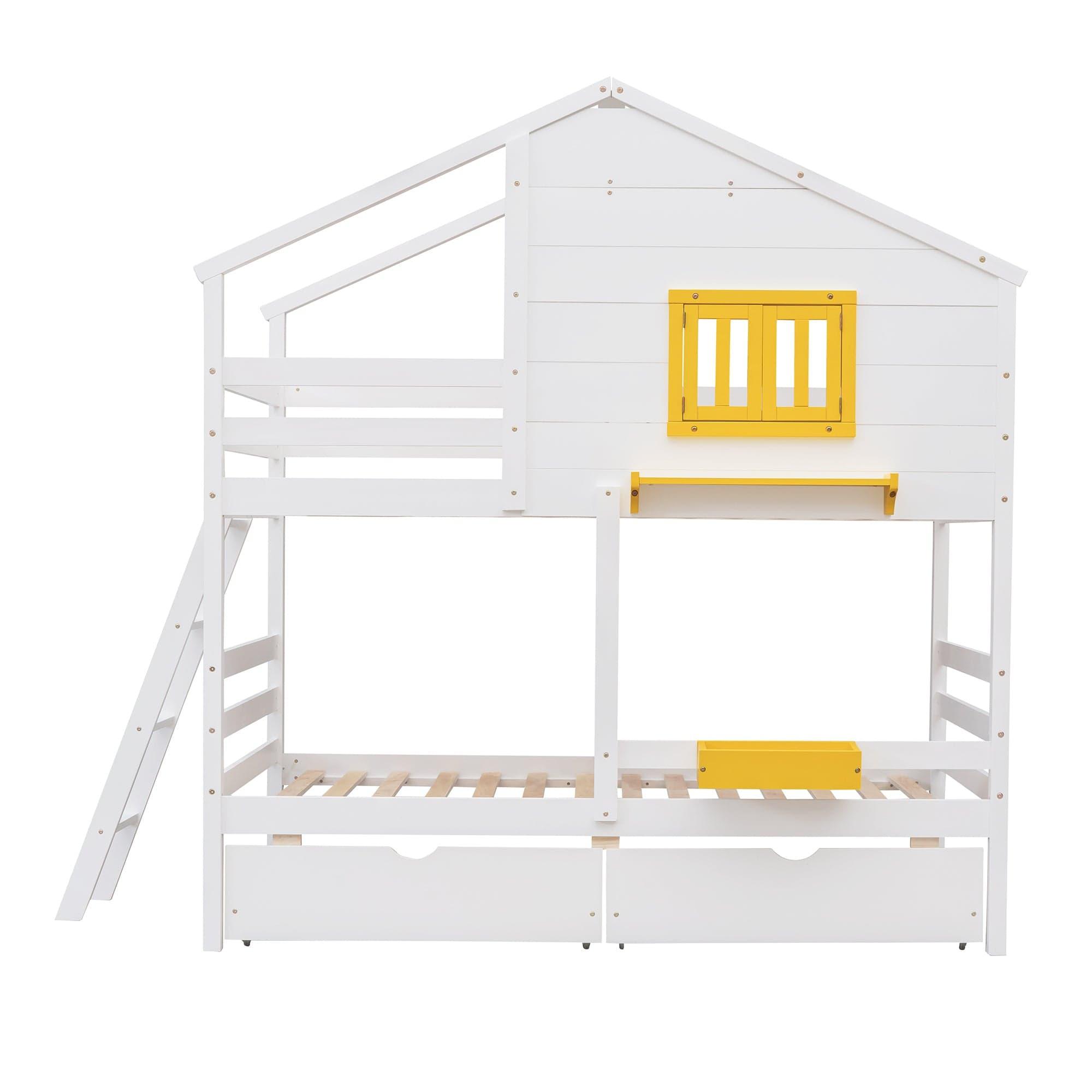 Shop Twin over Twin Bunk Bed with 2 Drawers, 1 Storage Box, 1 Shelf, Window and Roof-White(OLD SKU:LT000608AAK) Mademoiselle Home Decor