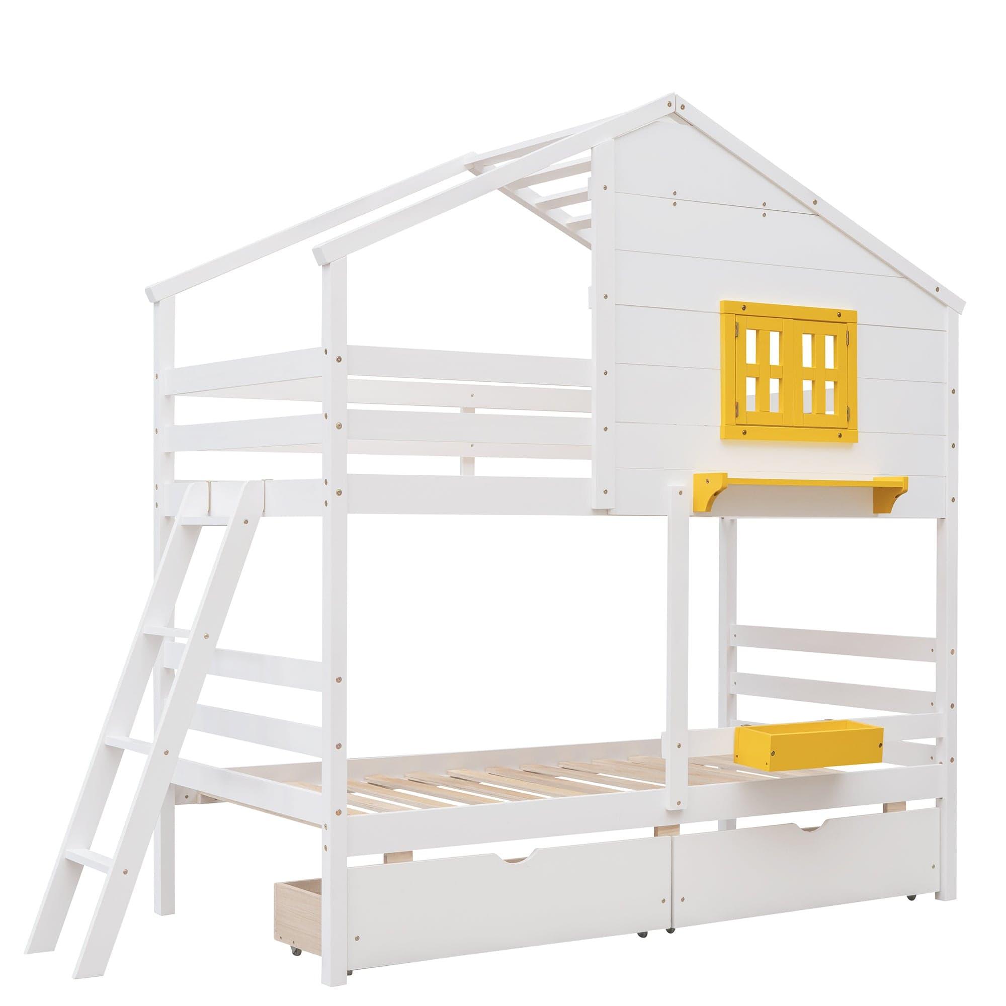 Shop Twin over Twin Bunk Bed with 2 Drawers, 1 Storage Box, 1 Shelf, Window and Roof-White(OLD SKU:LT000608AAK) Mademoiselle Home Decor