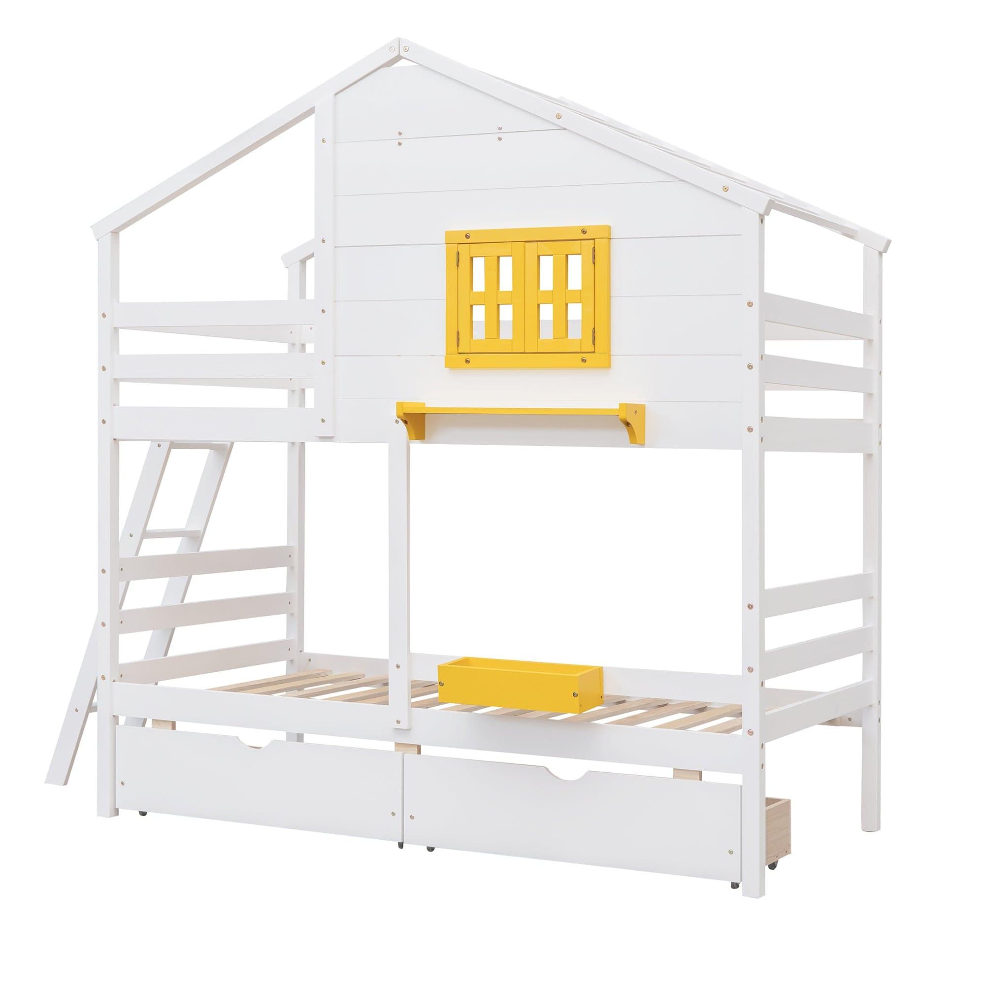 Shop Twin over Twin Bunk Bed with 2 Drawers, 1 Storage Box, 1 Shelf, Window and Roof-White(OLD SKU:LT000608AAK) Mademoiselle Home Decor