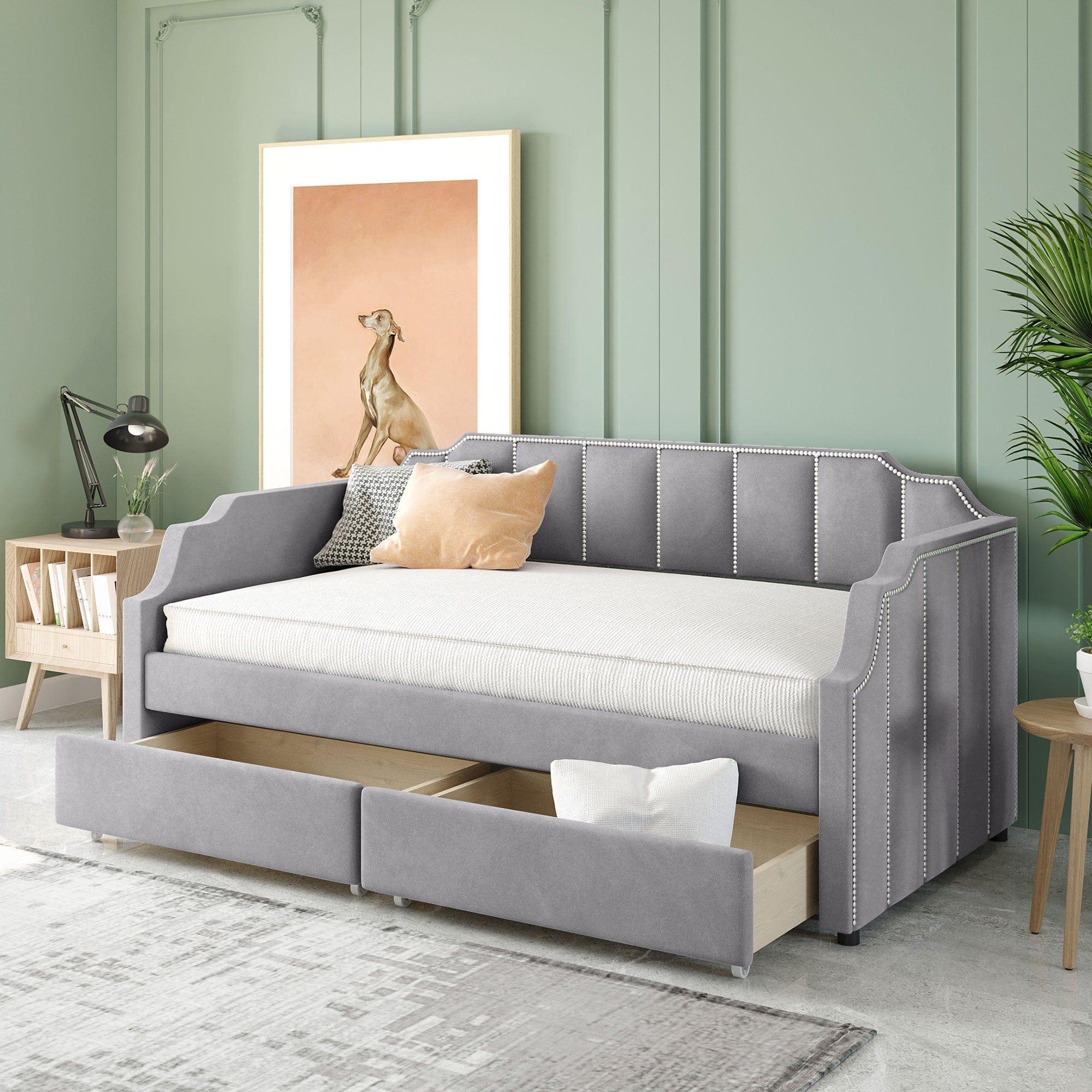 Shop Twin Size Upholstered daybed with Drawers, Wood Slat Support, Gray Mademoiselle Home Decor