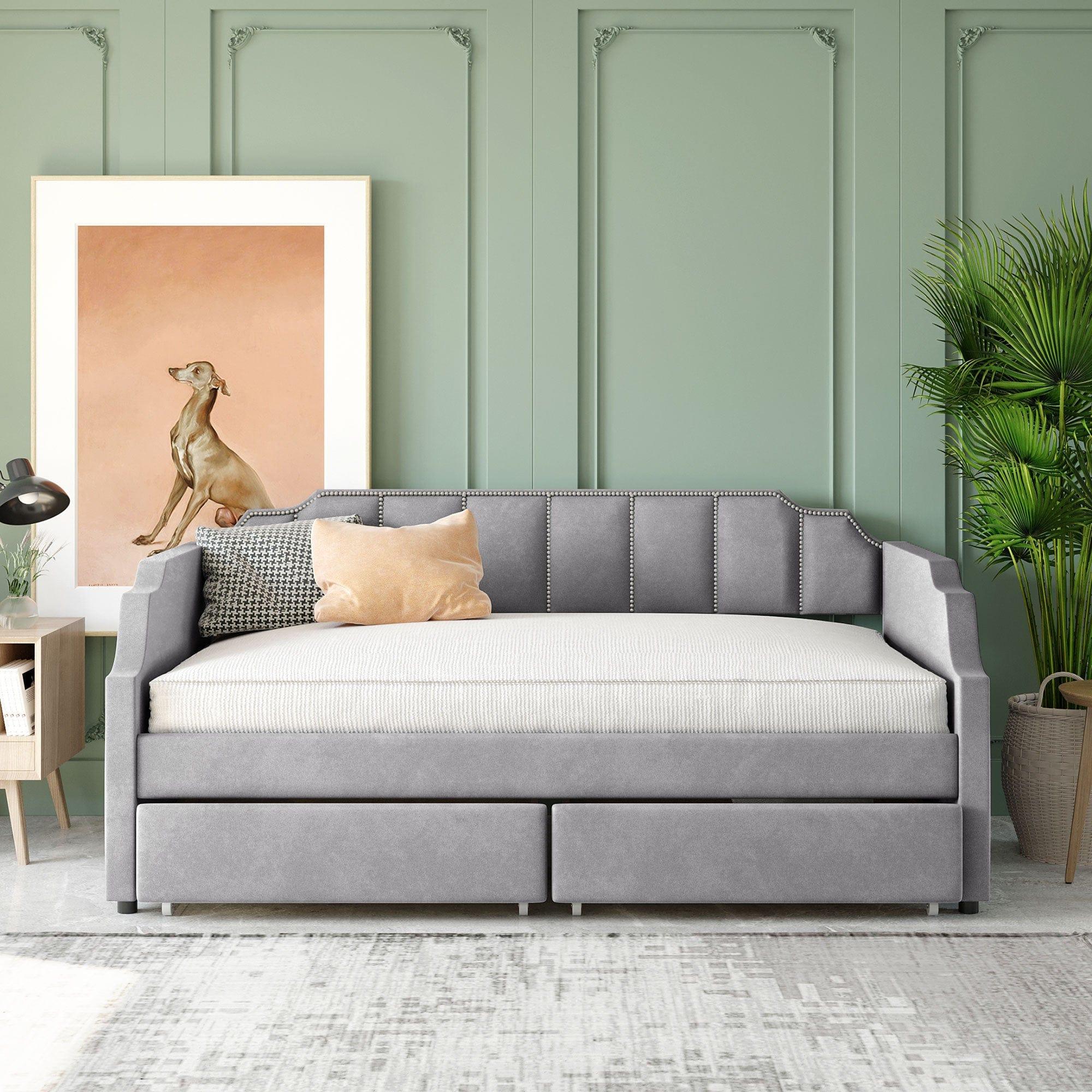 Shop Twin Size Upholstered daybed with Drawers, Wood Slat Support, Gray Mademoiselle Home Decor