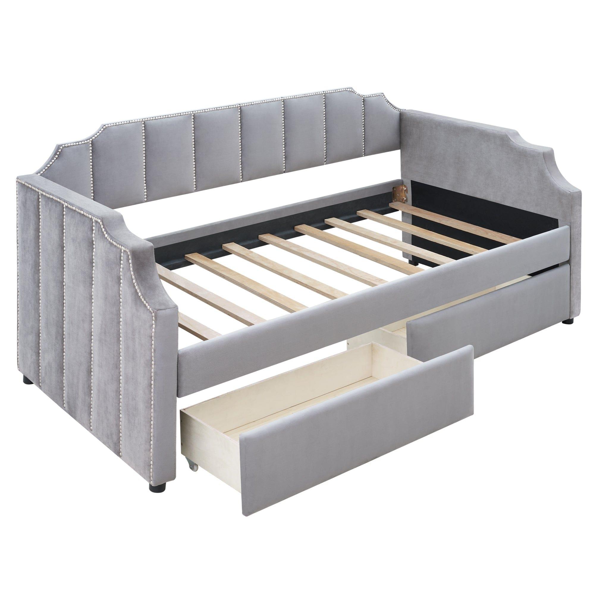 Shop Twin Size Upholstered daybed with Drawers, Wood Slat Support, Gray Mademoiselle Home Decor