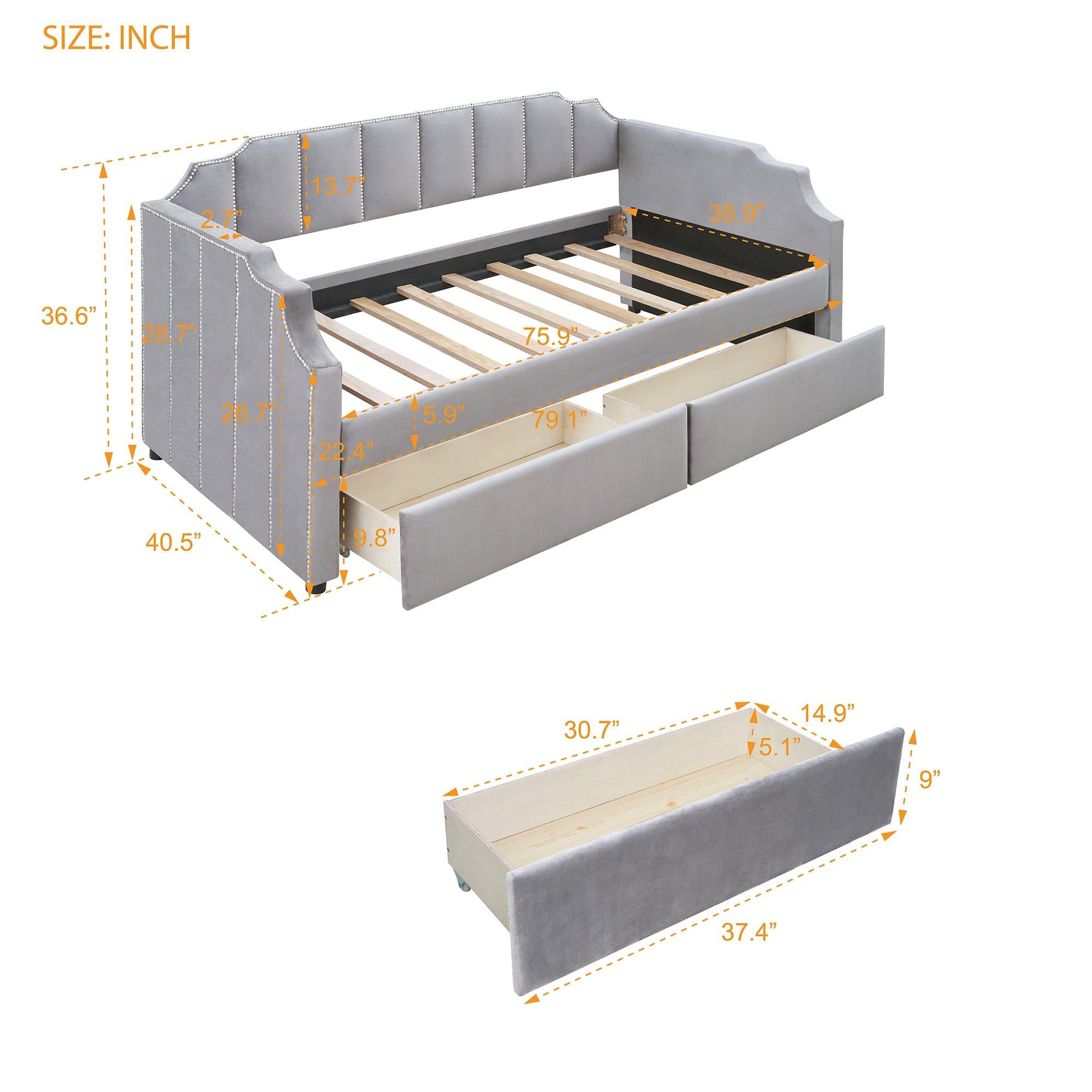 Shop Twin Size Upholstered daybed with Drawers, Wood Slat Support, Gray Mademoiselle Home Decor
