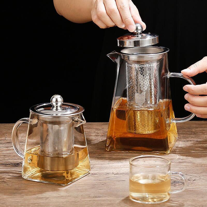 Shop 0 Kung Fu Tea Sets Heat Resistant Glass Teapot With Stainless Steel Infuser Heated Container Tea Pots Clear Kettle Square Filter Mademoiselle Home Decor