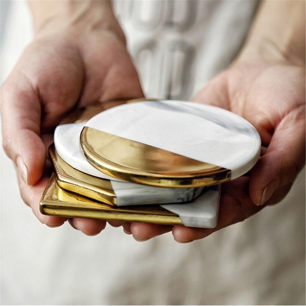 Shop 0 Luxury Marble Ceramic Coaster Gold Plating Geometric Cup Mat Waterproof Heat-Insulated Pads Jewelry Tray Home Desktop Decoration Mademoiselle Home Decor