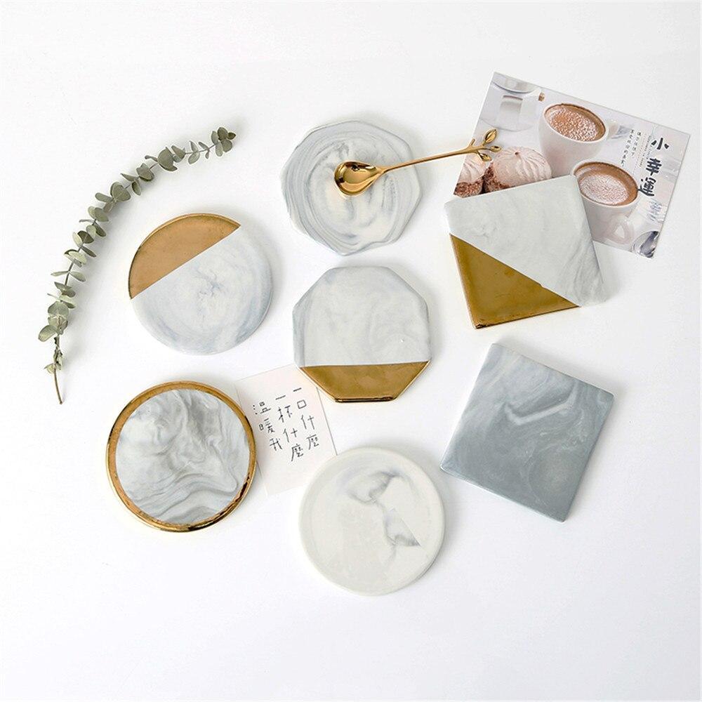 Shop 0 Luxury Marble Ceramic Coaster Gold Plating Geometric Cup Mat Waterproof Heat-Insulated Pads Jewelry Tray Home Desktop Decoration Mademoiselle Home Decor